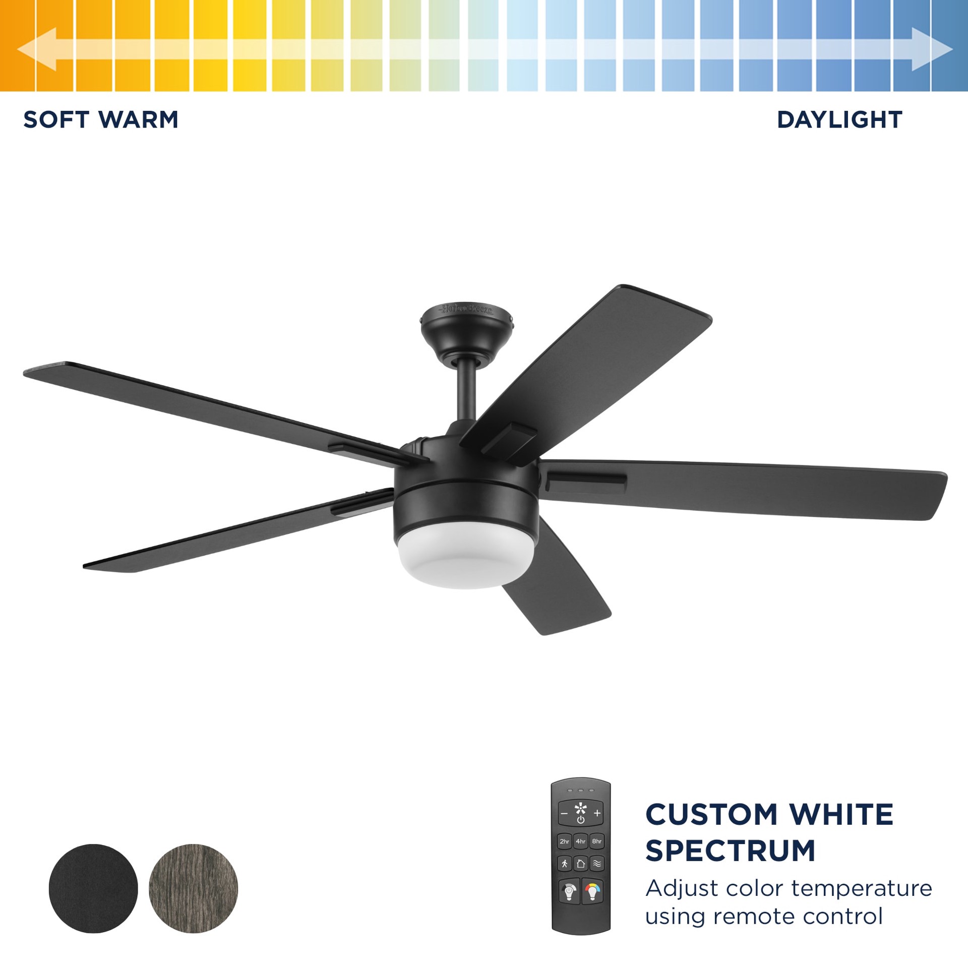 slide 2 of 6, Harbor Breeze Boltz III Easy2Hang 52-in Matte Black with Black Blades Integrated LED Ceiling Fan With Light 5 -Blade, 1 ct