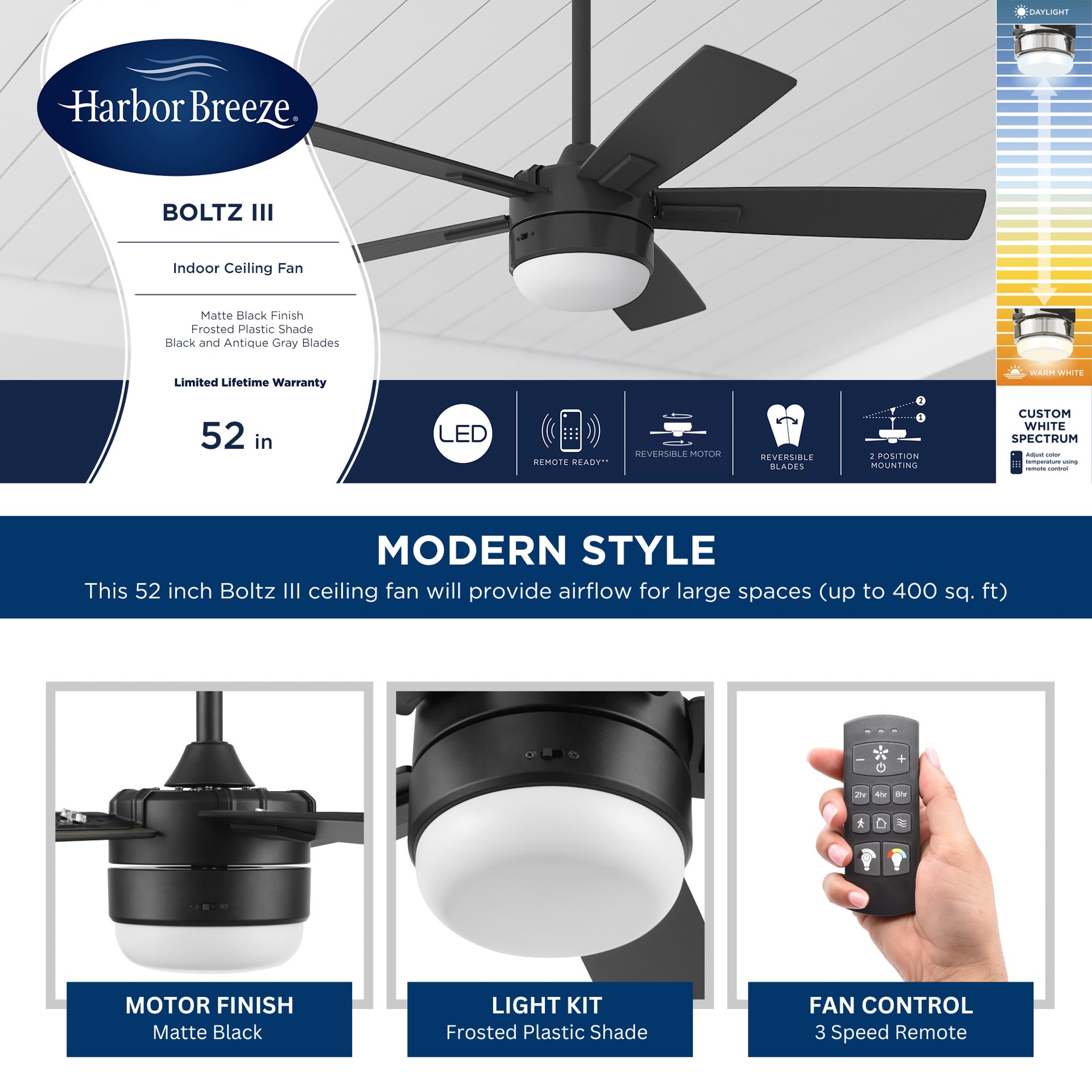 slide 4 of 6, Harbor Breeze Boltz III Easy2Hang 52-in Matte Black with Black Blades Integrated LED Ceiling Fan With Light 5 -Blade, 1 ct