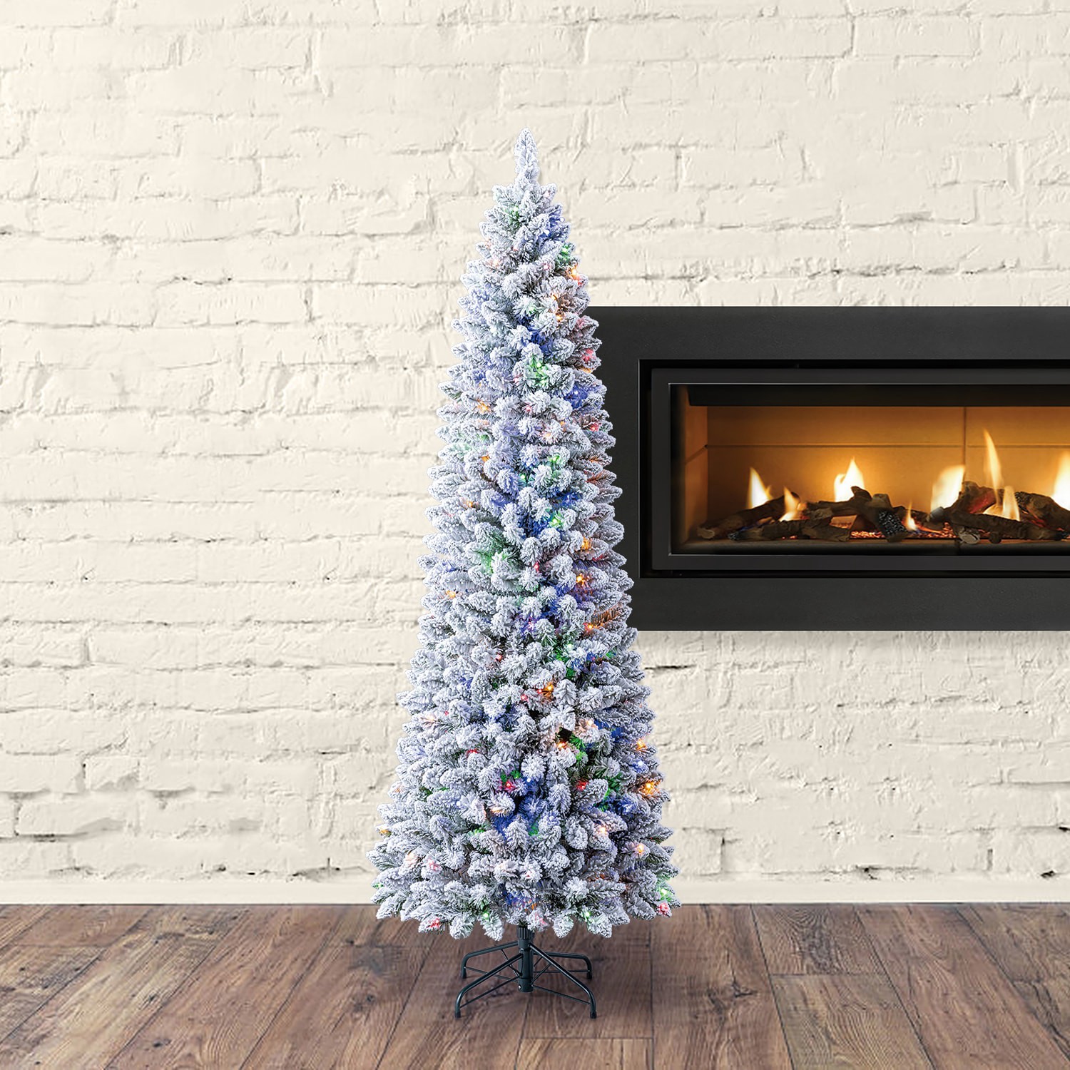 slide 6 of 6, Holiday Living 7-ft Flocked Greensboro Pencil Pre-lit Artificial Christmas Tree with Color Changing LED Lights, 1 ct