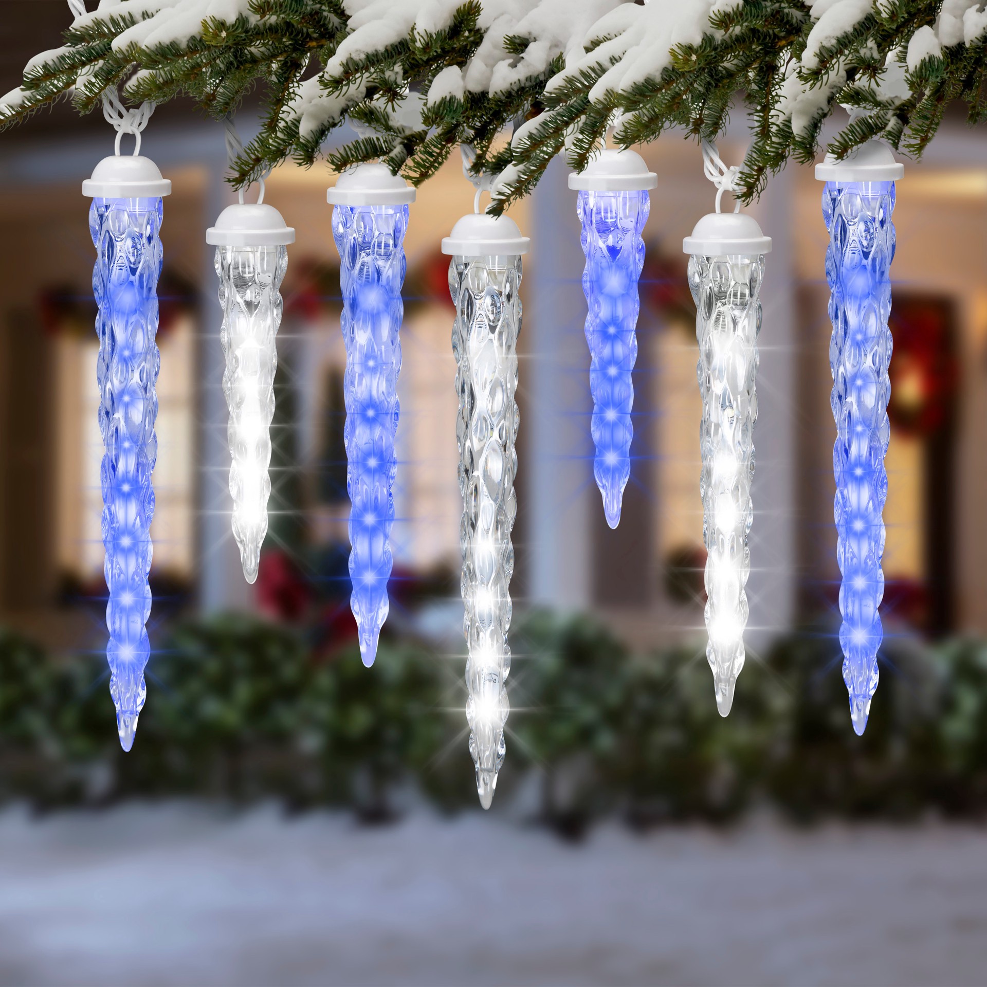 slide 5 of 5, Gemmy LightShow 61 -Count Shooting star Blue/White Icicle LED Plug-In Christmas Icicle Lights, 