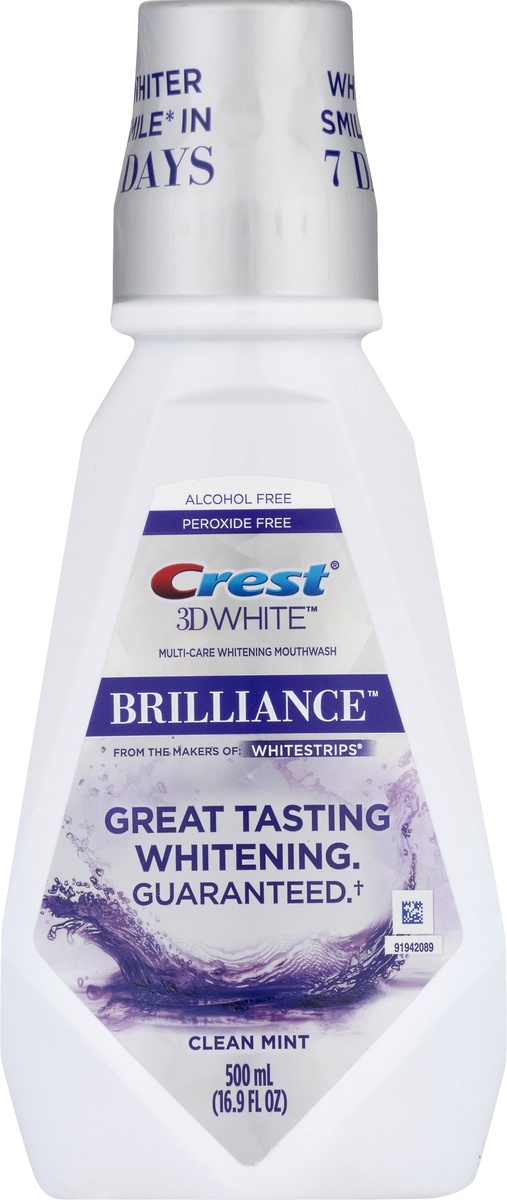 slide 6 of 9, Crest 3D White Brilliance Alcohol Free Whitening Mouthwash, Clean Mint, 500 Ml (16.9 Fl Oz), 16.9 oz