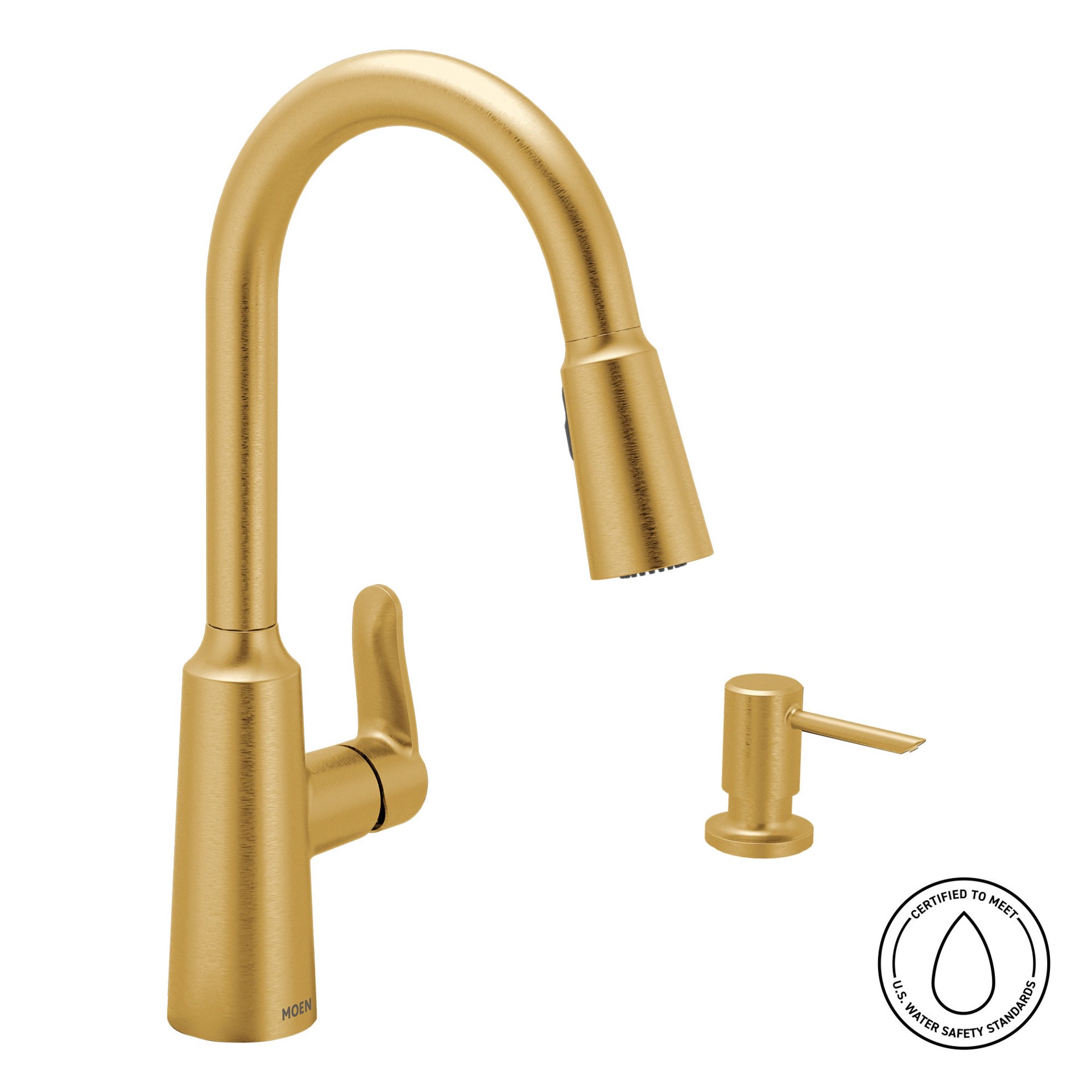 slide 2 of 6, Moen Edwyn Brushed Gold Single Handle Deck-mount Pull-down Kitchen Faucet with Sprayer (Includes Deck Plate) (Includes Soap Dispenser), 1 ct