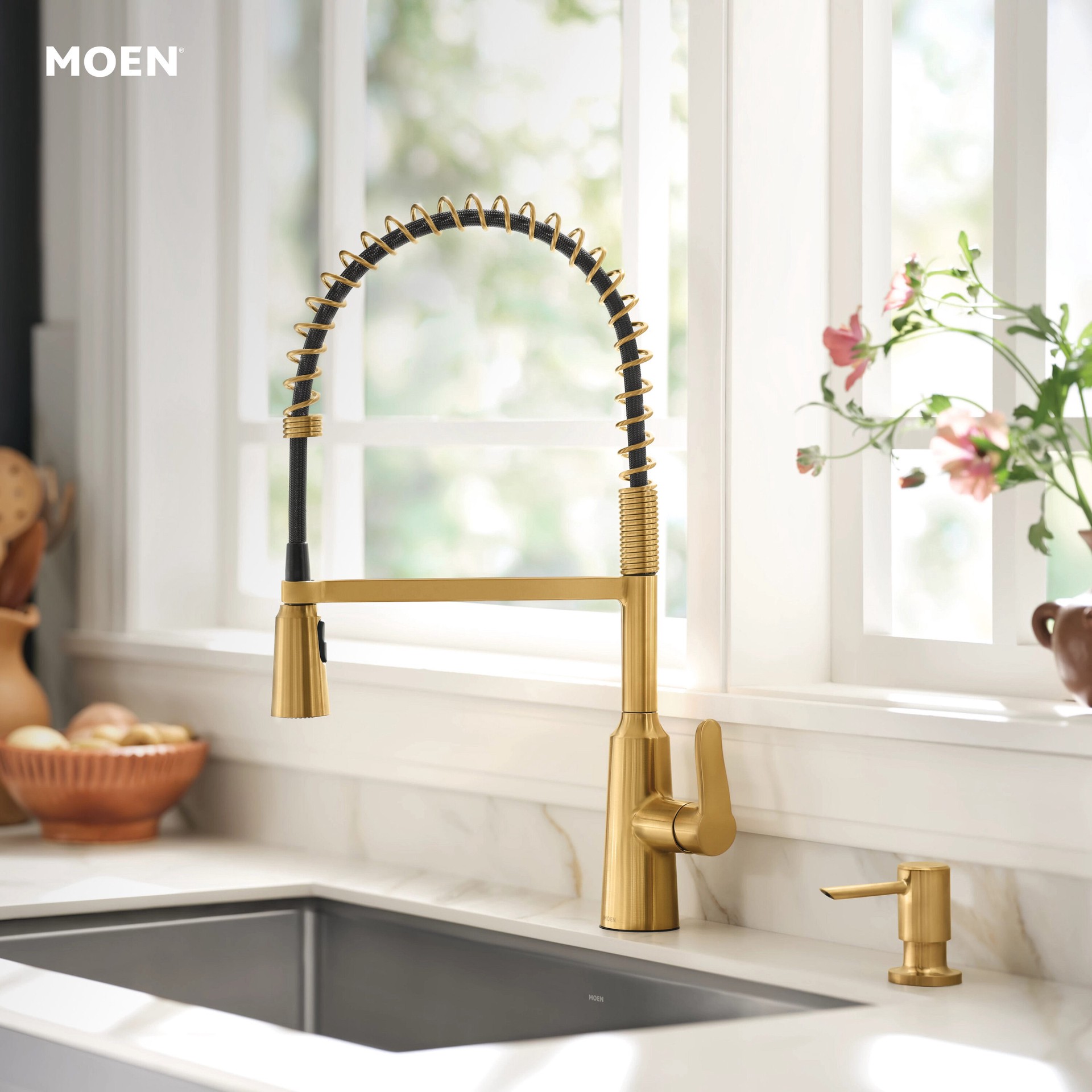 slide 3 of 6, Moen Edwyn Brushed Gold Single Handle Deck-mount Pull-down Kitchen Faucet with Sprayer (Includes Deck Plate) (Includes Soap Dispenser), 1 ct