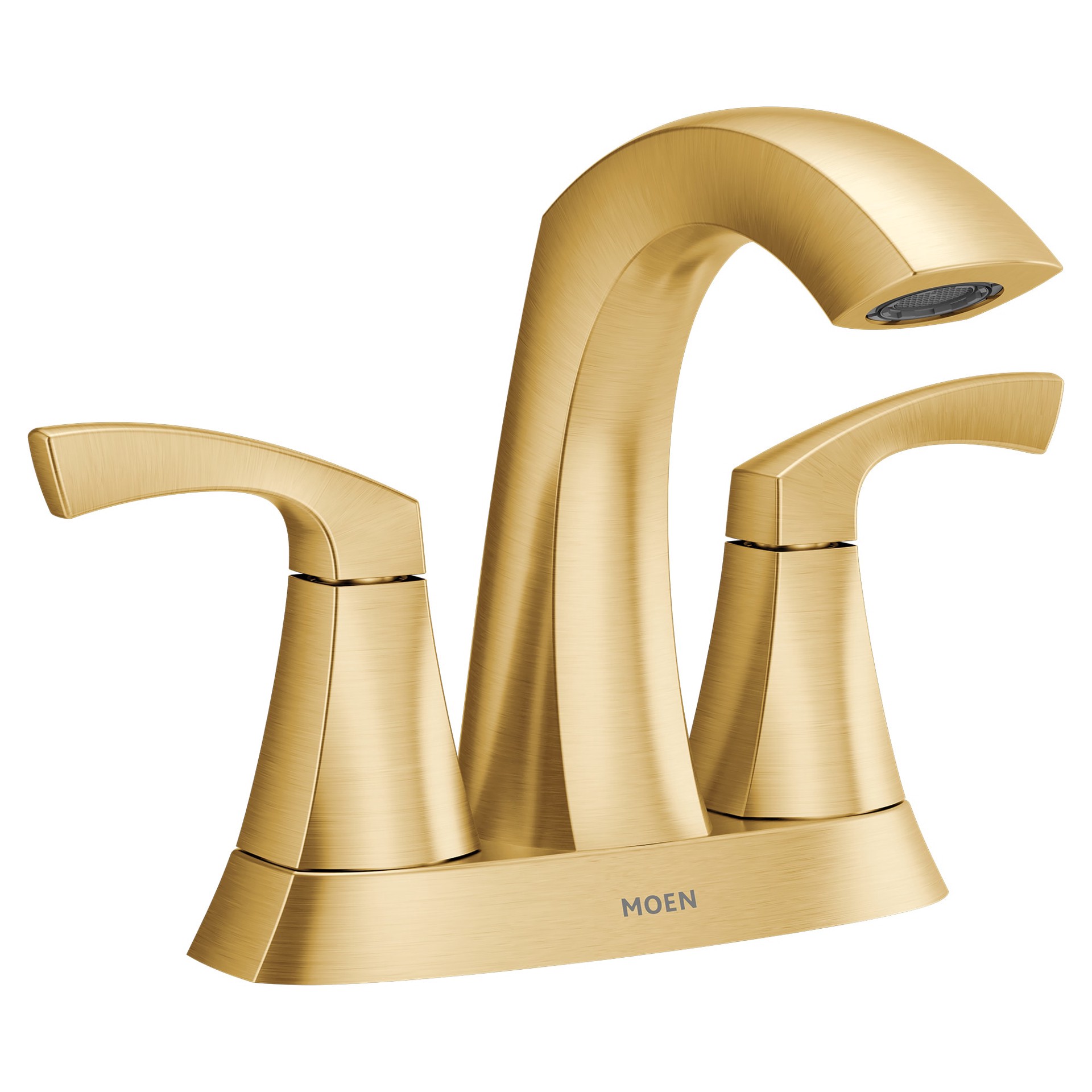 slide 2 of 6, Moen Lindor Brushed Gold 4-in centerset 2-handle WaterSense High-arc Residential Handle Bathroom Sink Faucet with Drain, 1 ct