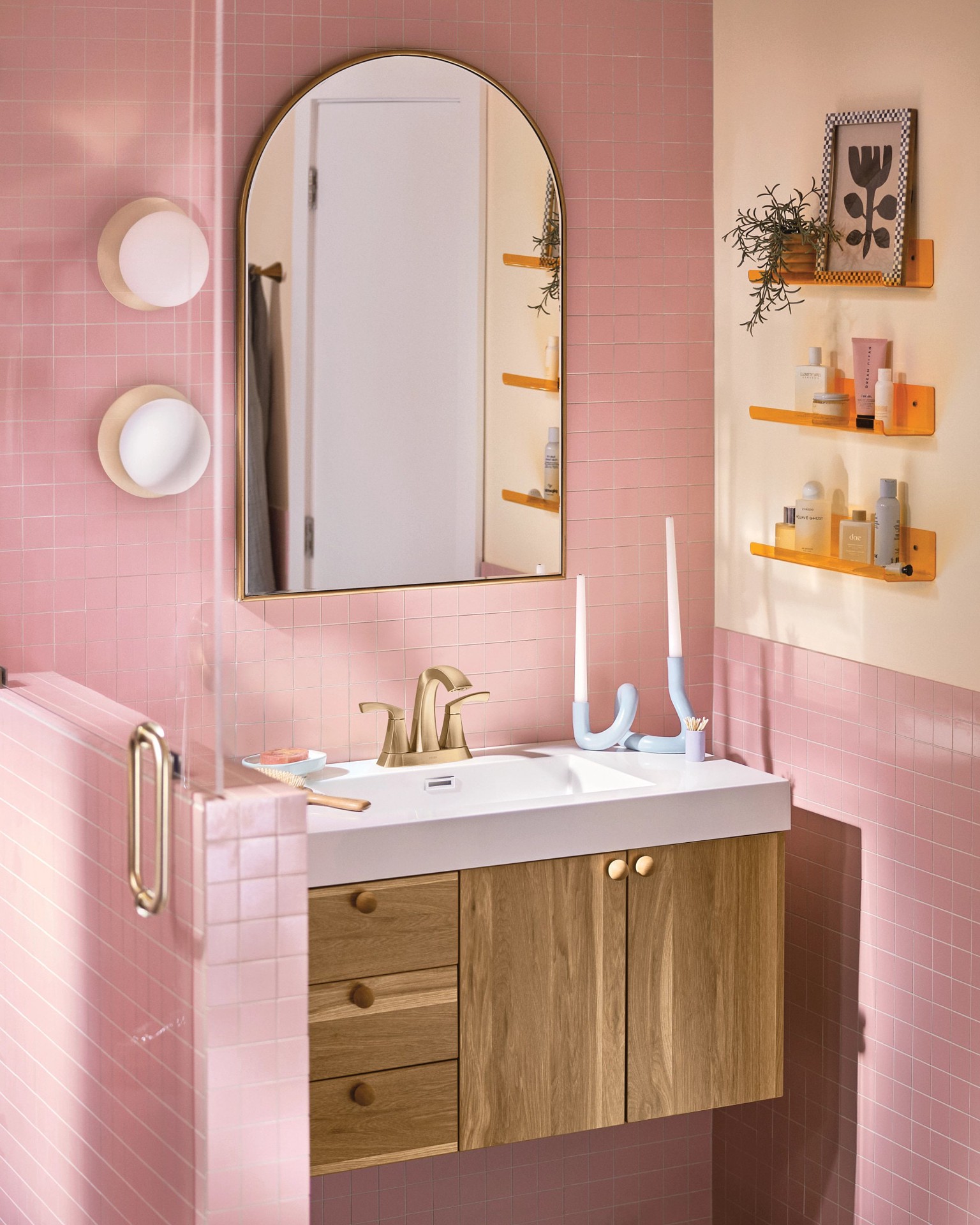 slide 3 of 6, Moen Lindor Brushed Gold 4-in centerset 2-handle WaterSense High-arc Residential Handle Bathroom Sink Faucet with Drain, 1 ct