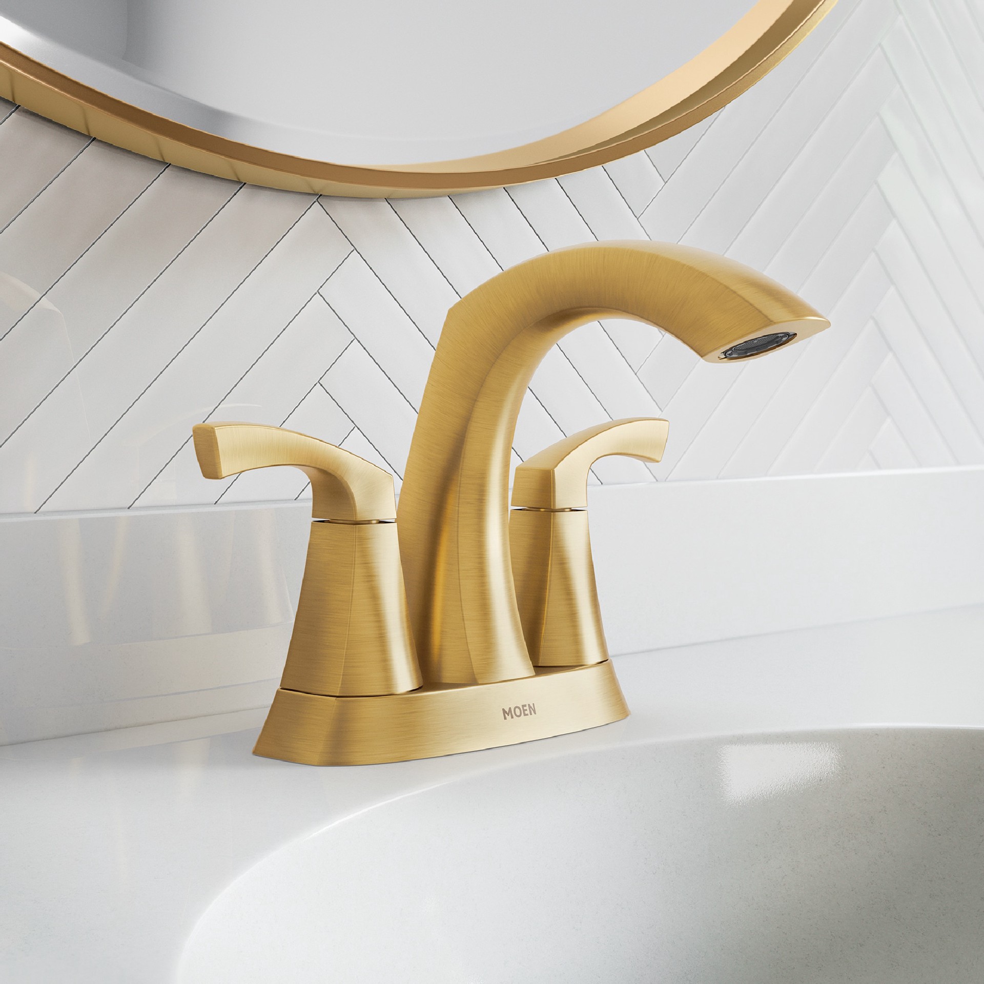 slide 1 of 6, Moen Lindor Brushed Gold 4-in centerset 2-handle WaterSense High-arc Residential Handle Bathroom Sink Faucet with Drain, 1 ct