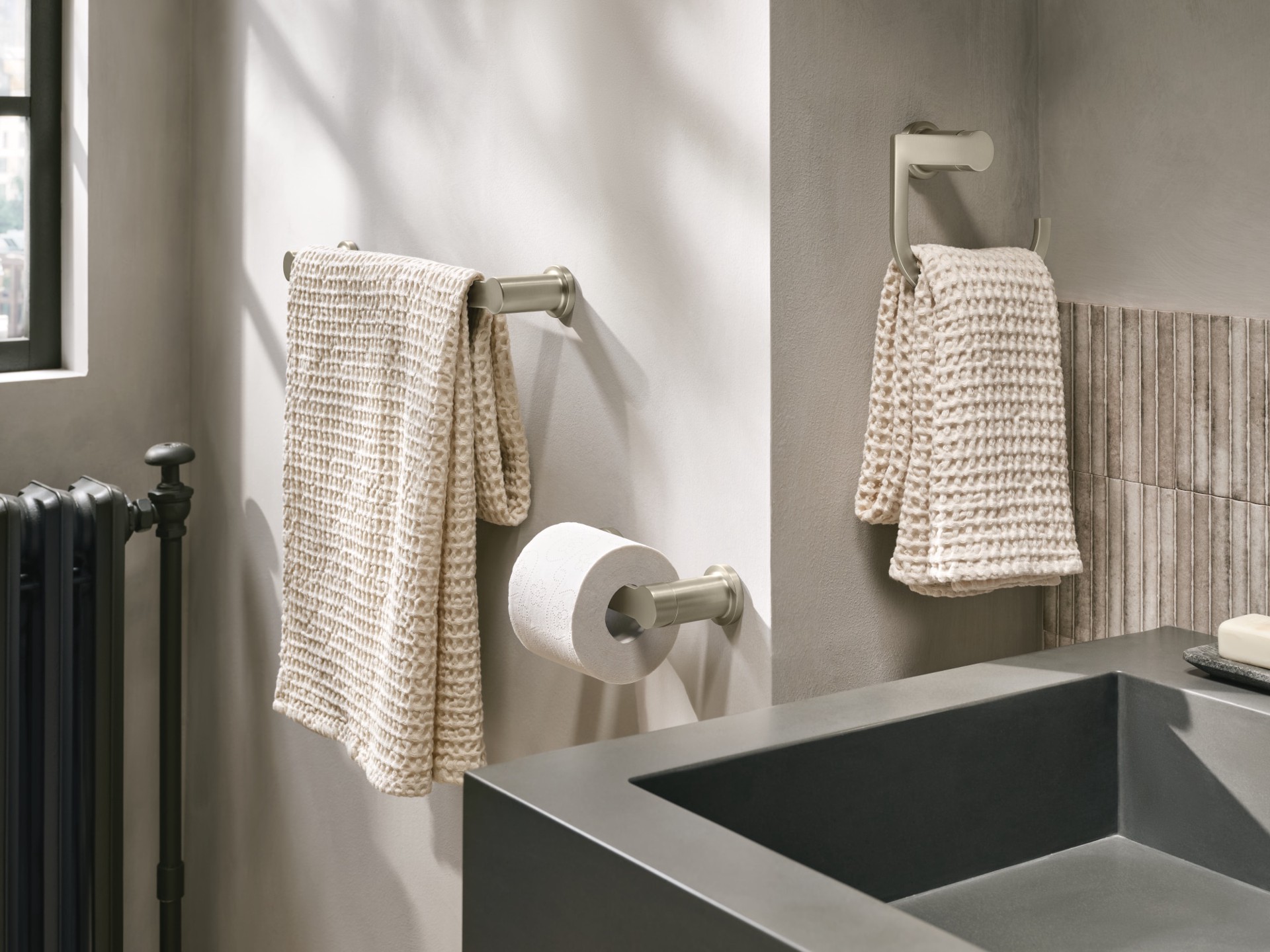 slide 3 of 5, Moen 3 -Piece Rinza Brushed Nickel Decorative Bathroom Hardware Set Towel Bar, Toilet Paper Holder, Towel Ring Included, 1 ct