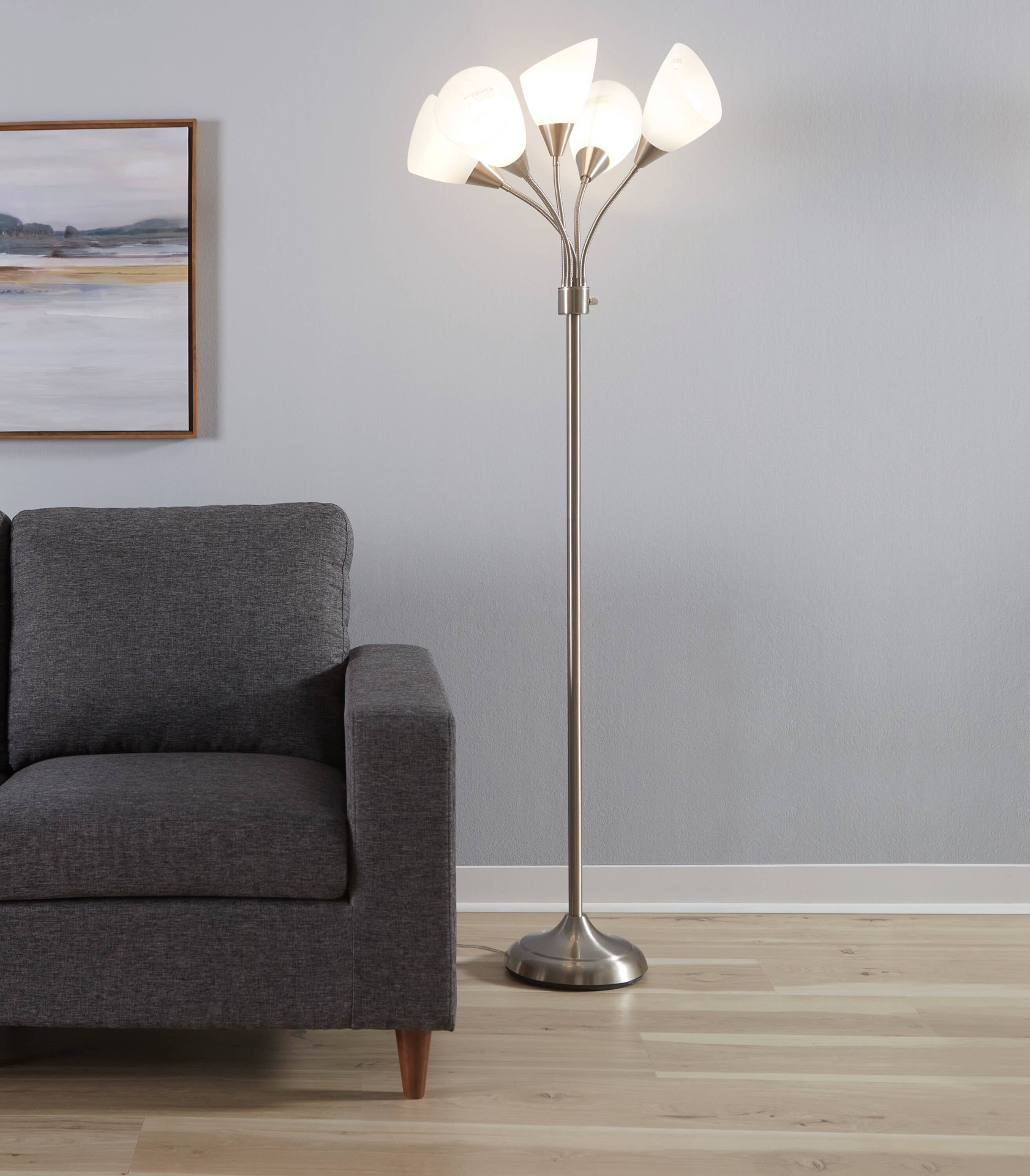 slide 1 of 6, Style Selections 67-in Brushed Steel Multi-head Floor Lamp with Plastic Shade, 1 ct