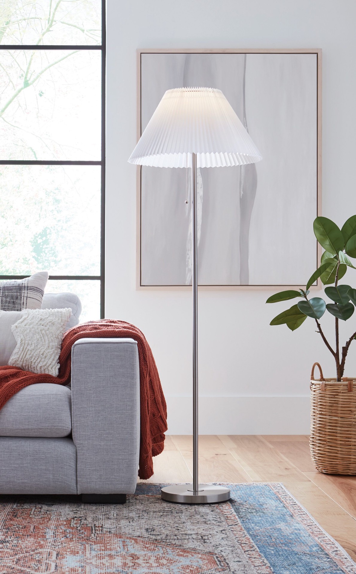 slide 1 of 6, allen + roth 58-in Brushed Steel Standard Floor Lamp with Fabric Shade, 1 ct