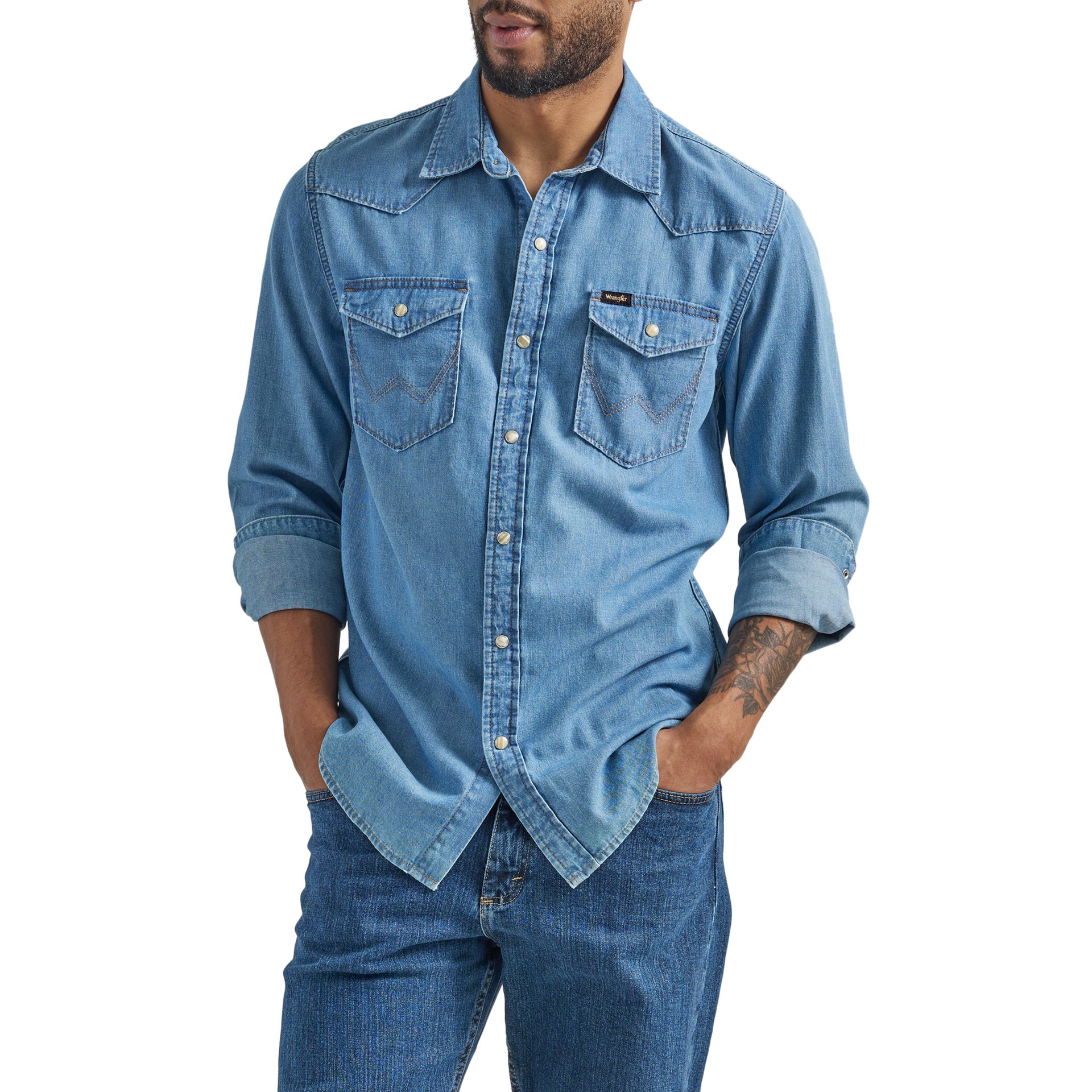 slide 1 of 4, Wrangler Men's Blue Medium weight Denim Long sleeve Button-down shirt ( XL ), 1 ct