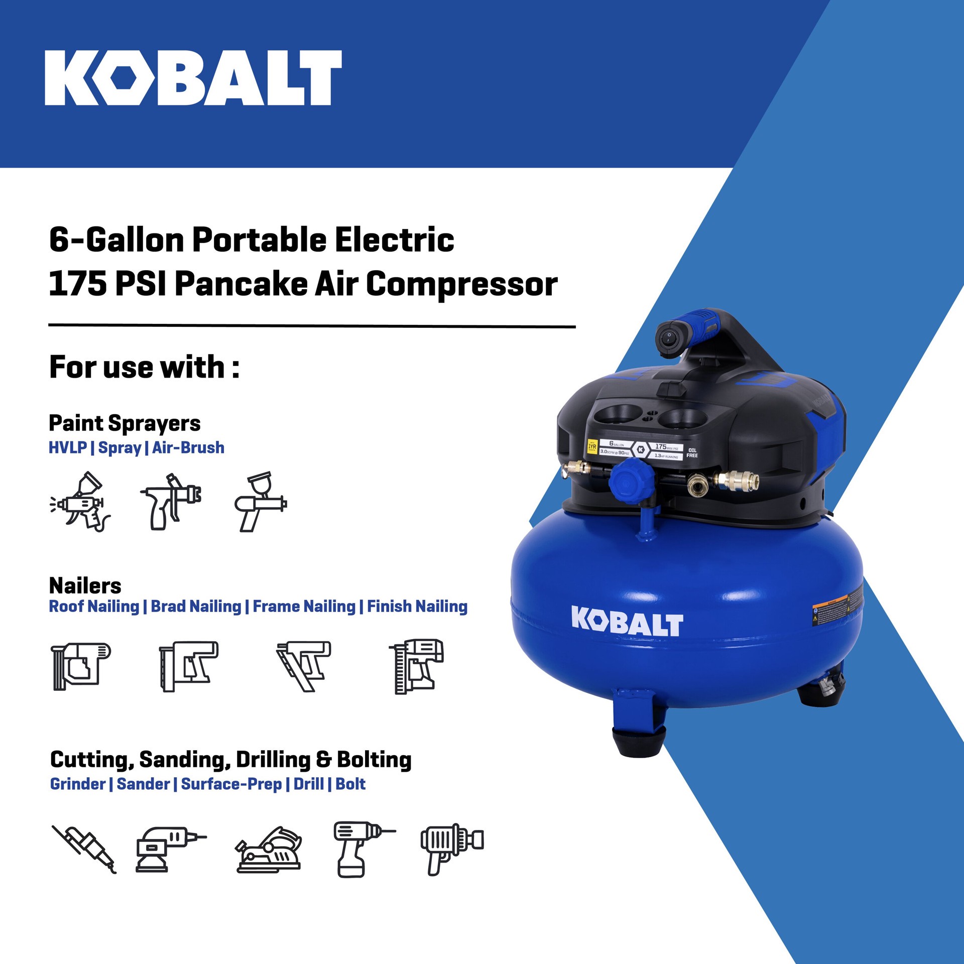 slide 2 of 6, Kobalt 6-Gallon Portable Electric 175 PSI Pancake Air Compressor, 1 ct