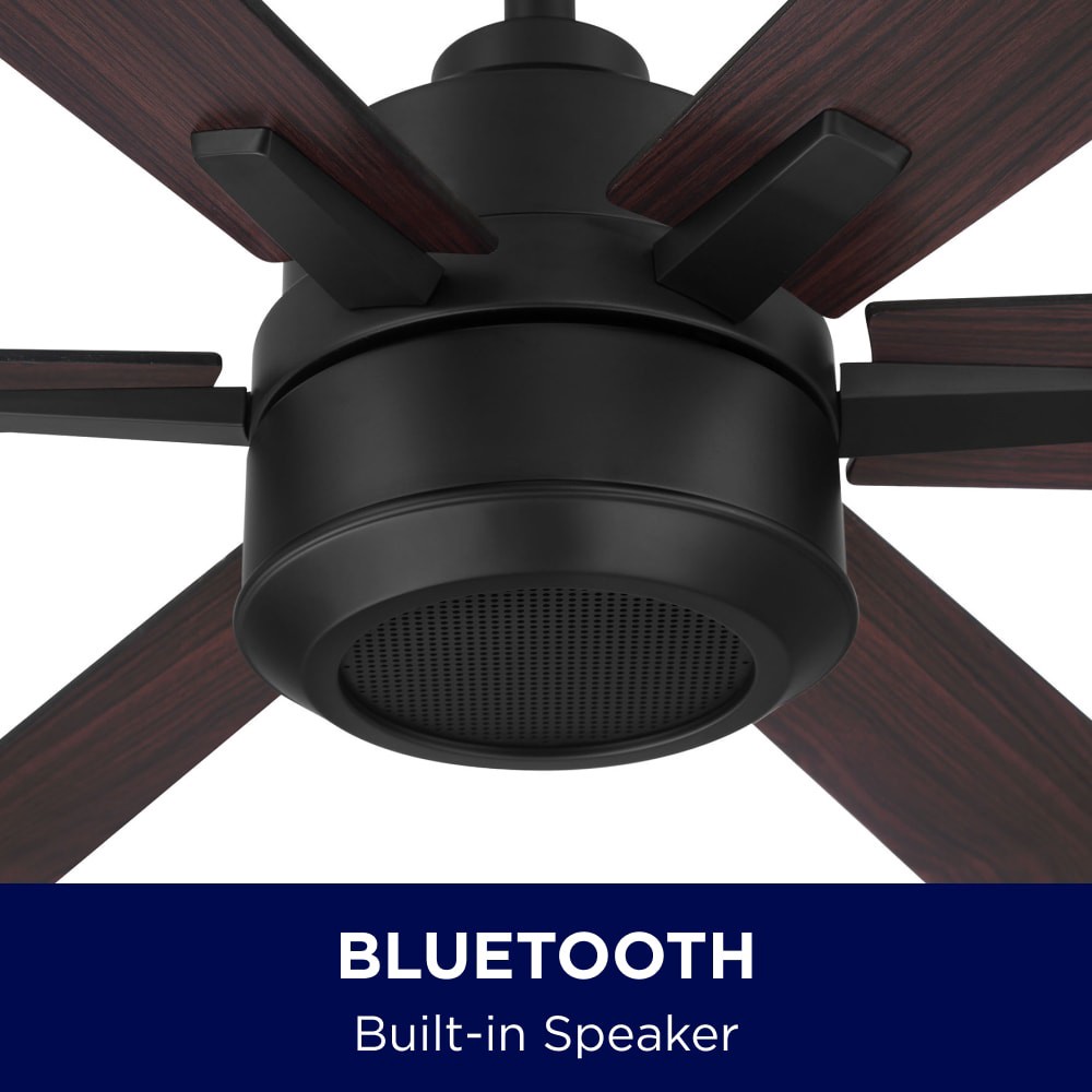 slide 2 of 6, Harbor Breeze SpeakWell Bluetooth 52-in Matte Black with Black/Dark Teak Blades Covered Outdoor Ceiling Fan Without Light 6 -Blade, 1 ct