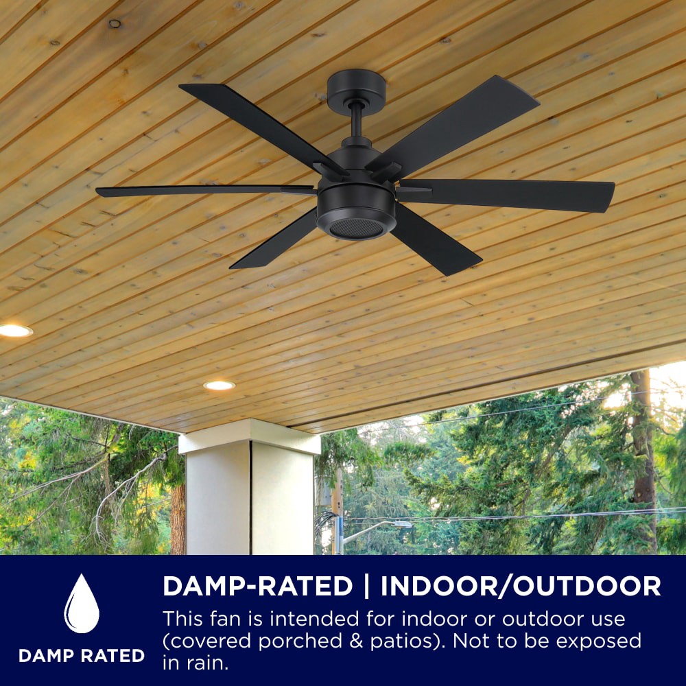 slide 6 of 6, Harbor Breeze SpeakWell Bluetooth 52-in Matte Black with Black/Dark Teak Blades Covered Outdoor Ceiling Fan Without Light 6 -Blade, 1 ct