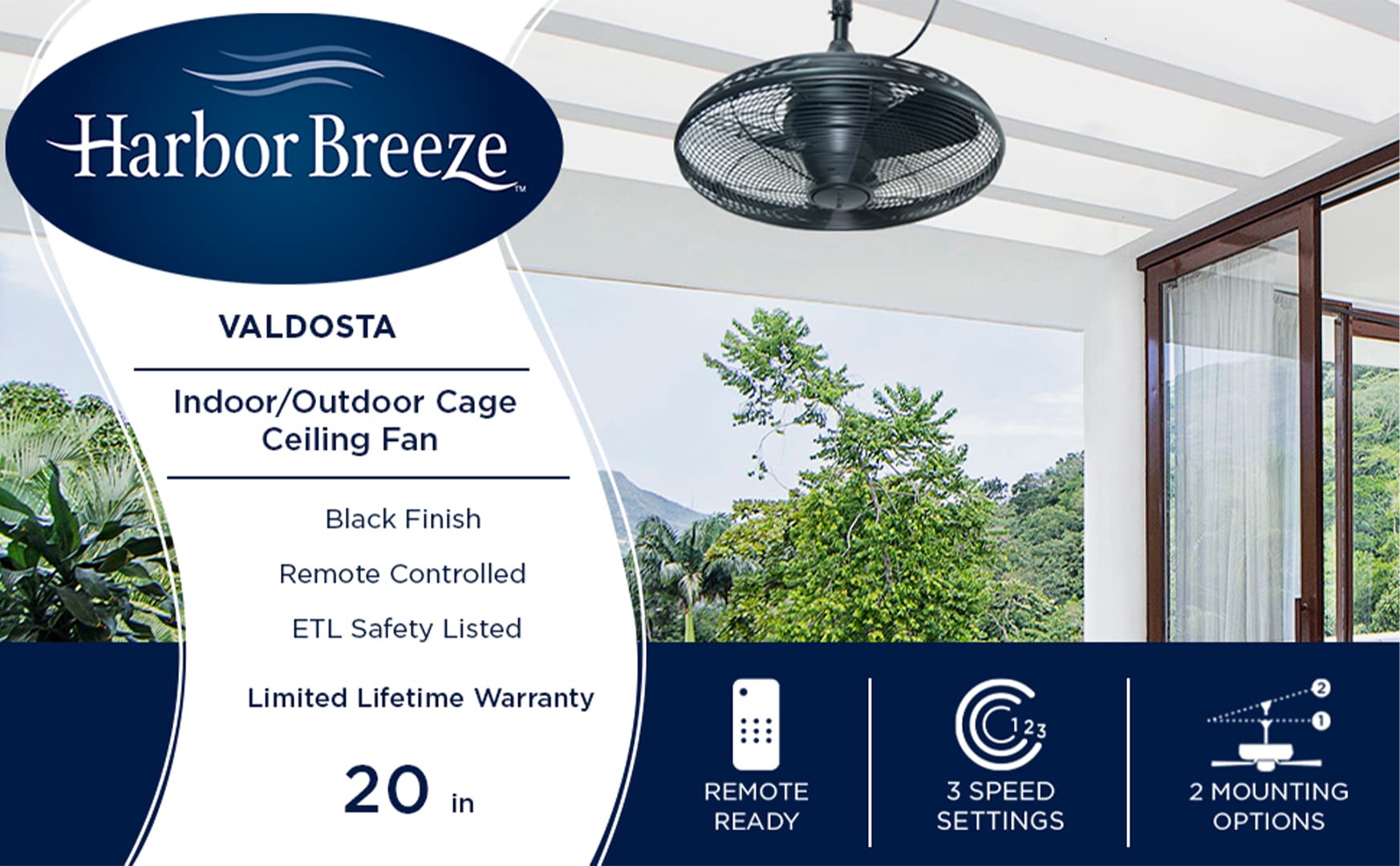 slide 2 of 6, Harbor Breeze Valdosta 20-in Black with Black Blades Uncovered Outdoor Cage Ceiling Fan Without Light 3 -Blade, 1 ct