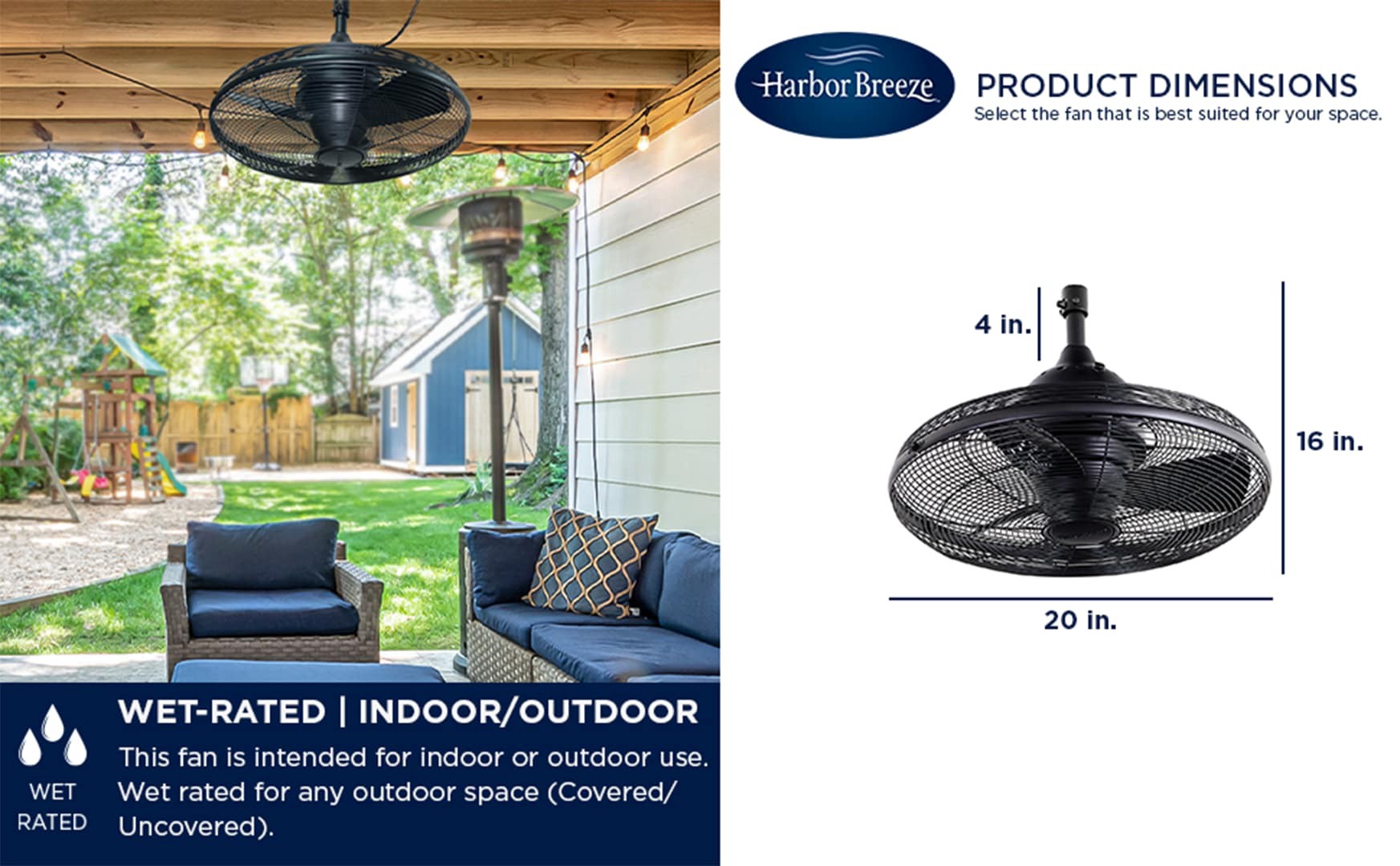 slide 6 of 6, Harbor Breeze Valdosta 20-in Black with Black Blades Uncovered Outdoor Cage Ceiling Fan Without Light 3 -Blade, 1 ct