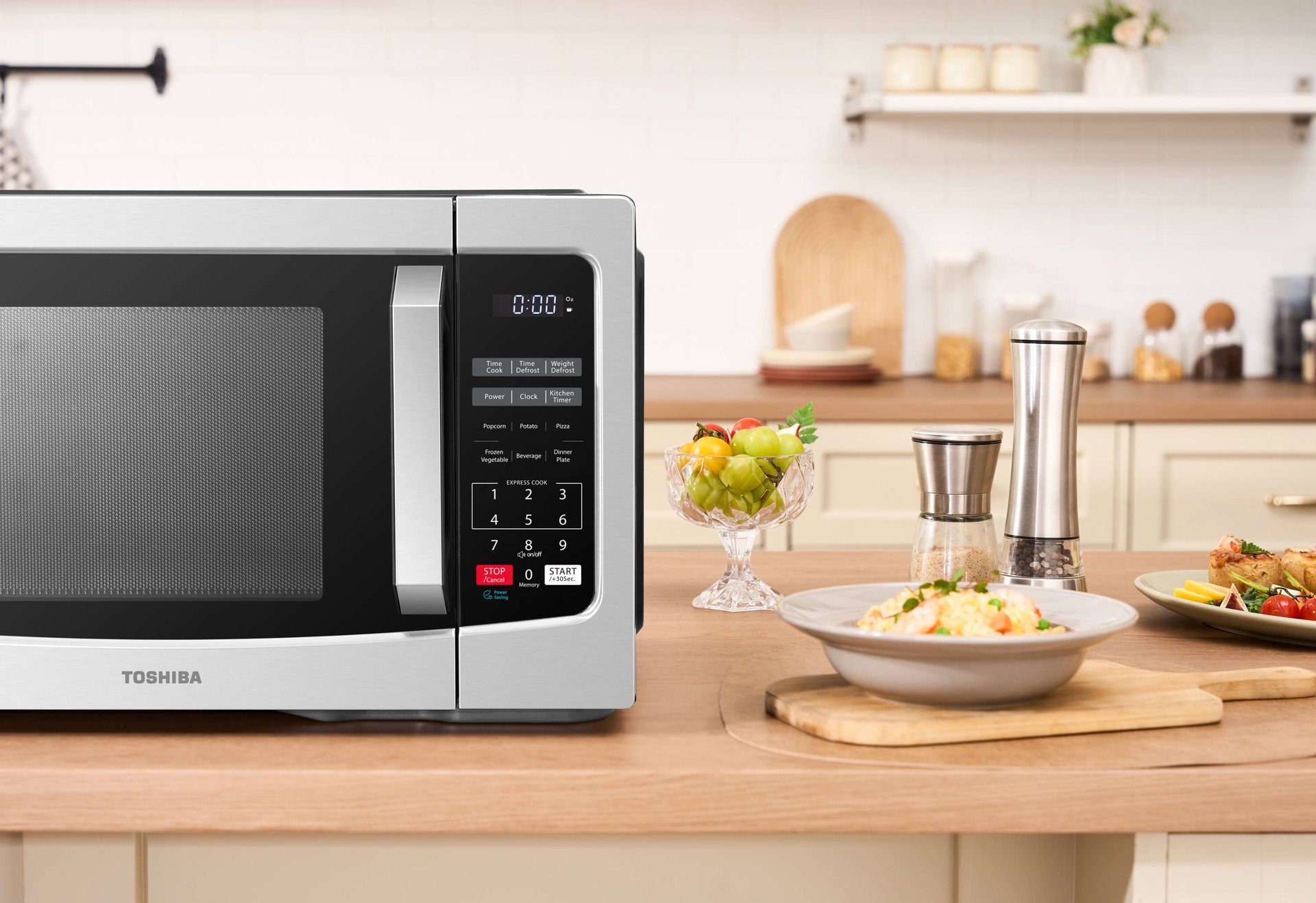 slide 5 of 6, Toshiba 1.1-cu ft 1000 -Watt Countertop Microwave ( Stainless Steel ), 1 ct