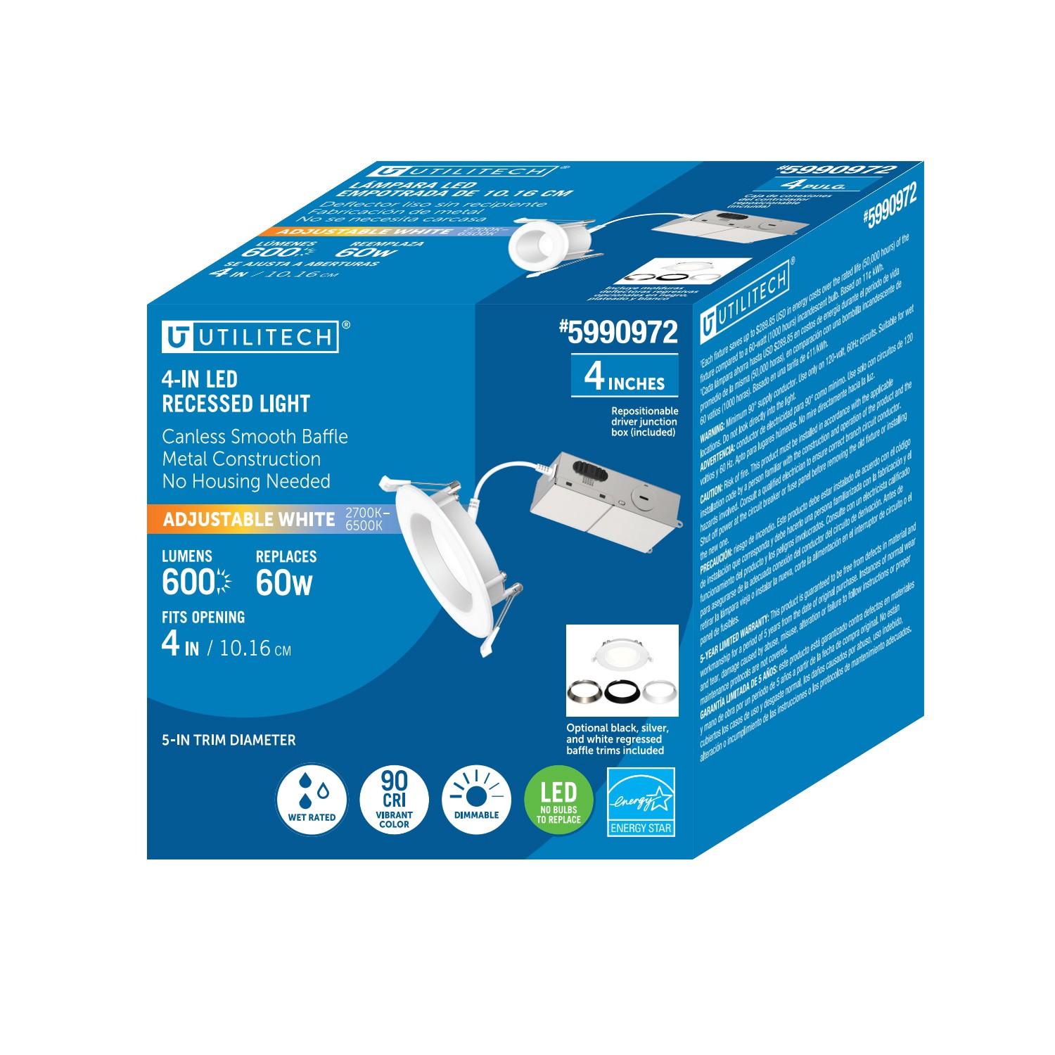 slide 2 of 6, Utilitech White 4-in 600 -Lumens Switchable white Round Dimmable LED Wet rated Recessed Downlight, 1 ct