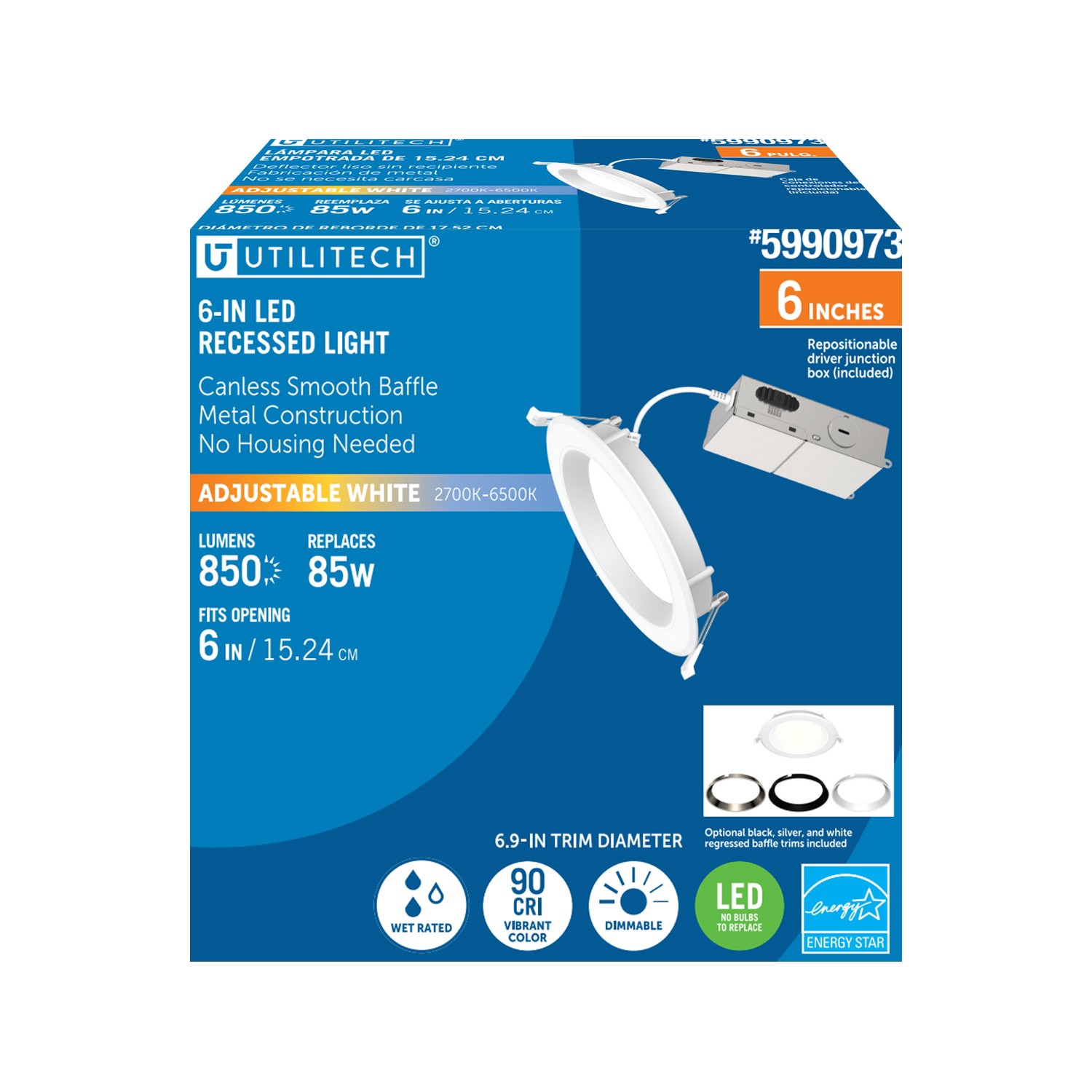 slide 2 of 6, Utilitech White 6-in 850 -Lumens Switchable white Round Dimmable LED Wet rated Recessed Downlight, 1 ct
