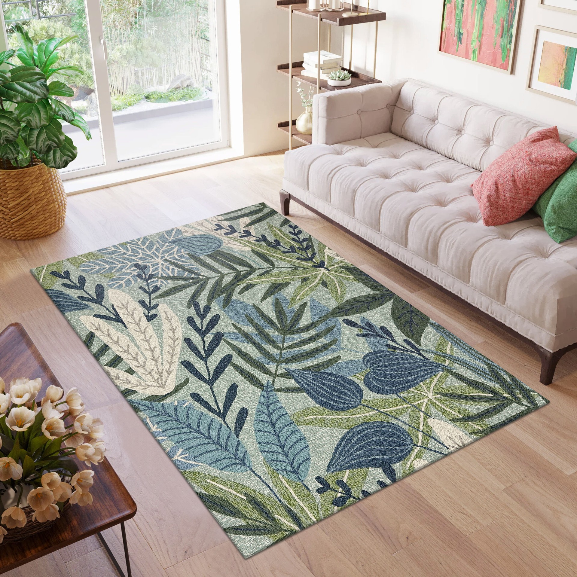 slide 1 of 6, allen + roth with STAINMASTER Botanical Veil 5 x 8 (ft) Tufted Green multi Rectangular Indoor/Outdoor Area rug, 1 ct