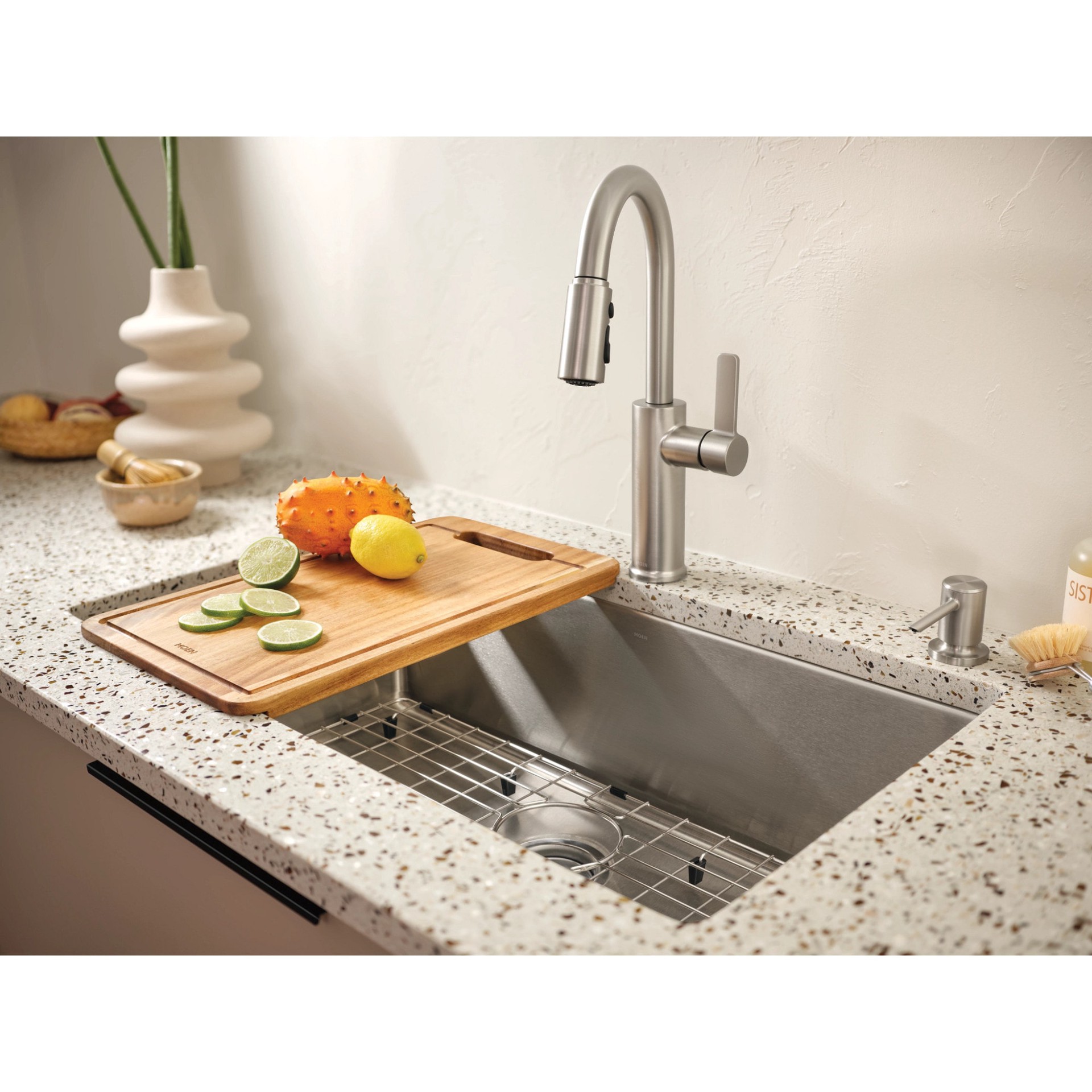 slide 1 of 6, Moen Islet Drop-in or undermount 33-in x 22-in Stainless steel Single bowl 18 -Gauge Workstation Kitchen Sink, 1 ct