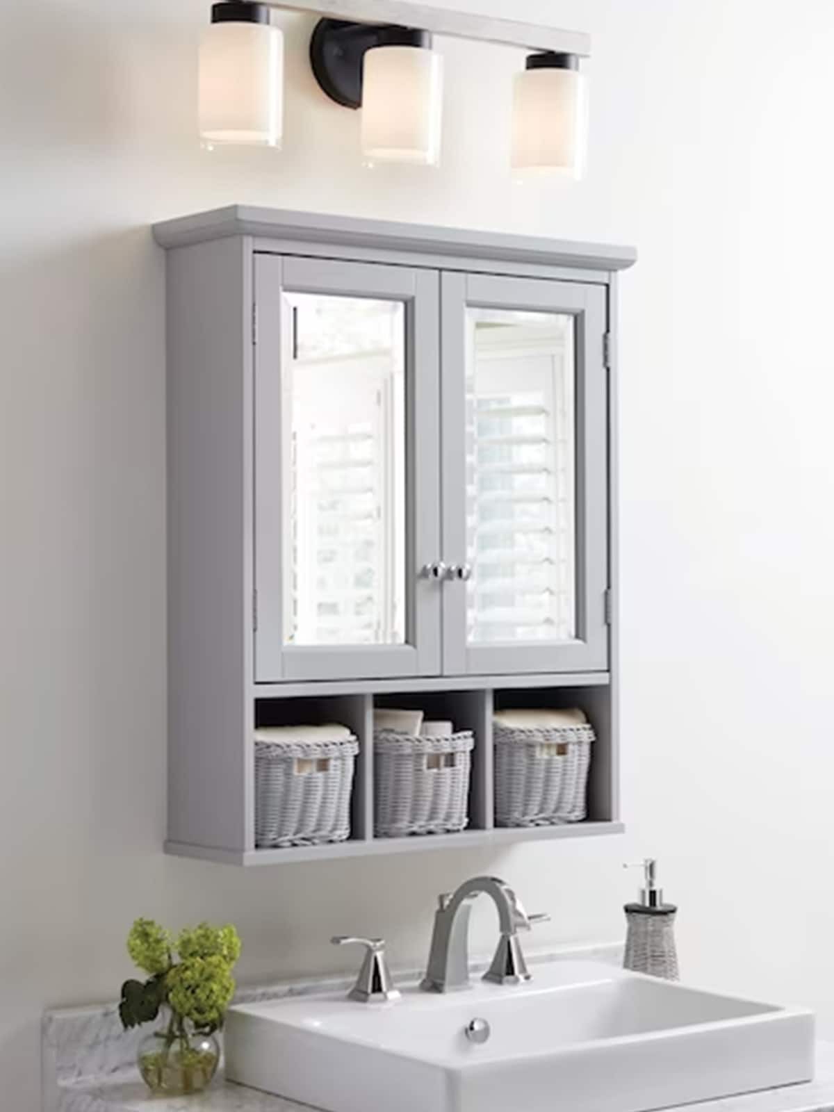 slide 2 of 5, allen + roth 24.75-in x 30.25-in Surface Mount Gray Mirrored Rectangle Medicine Cabinet, 1 ct