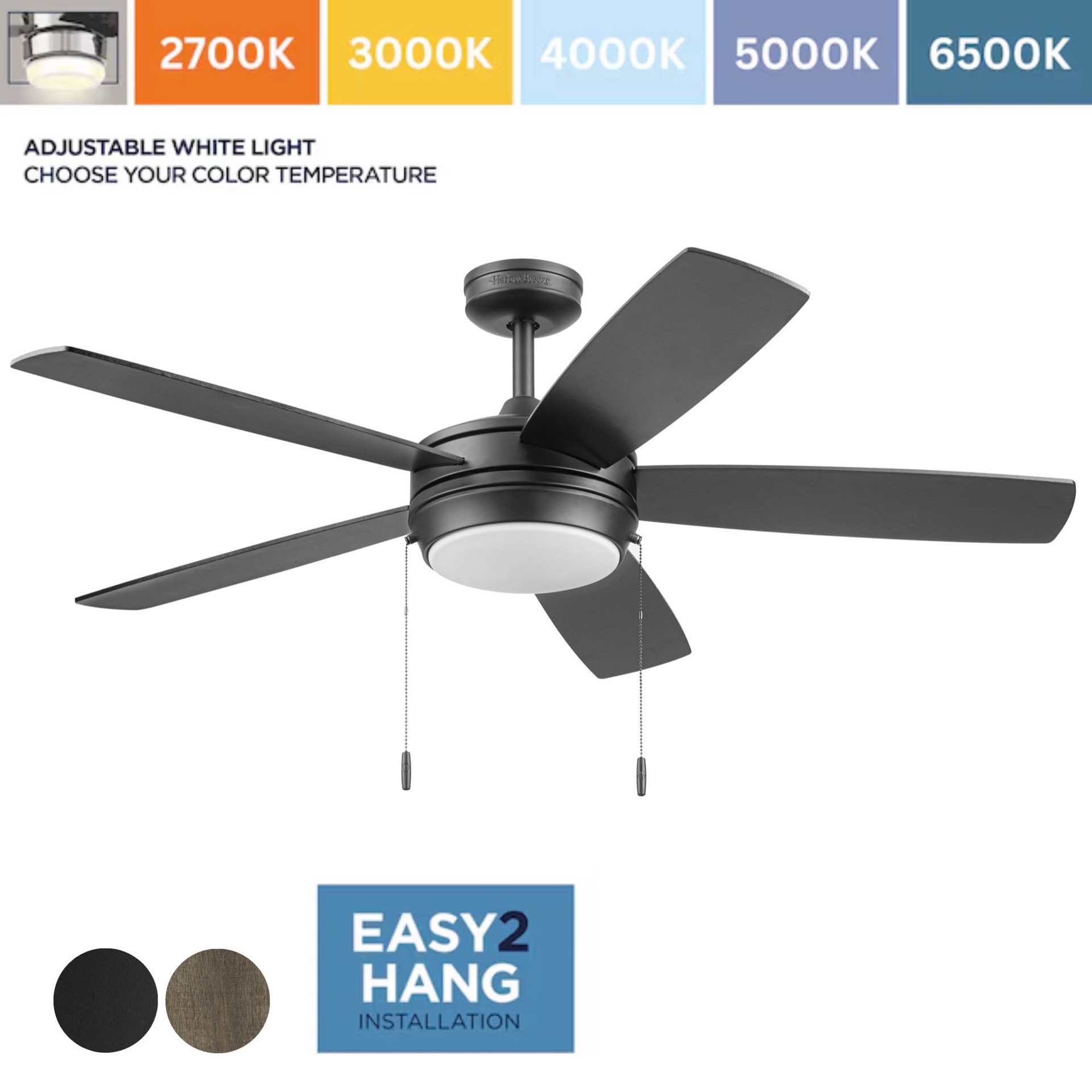 slide 2 of 6, Harbor Breeze Brenthaven Easy2Hang 52-in Matte Black with Matte Black/Mocha Blades Integrated LED Ceiling Fan With Light 5 -Blade, 1 ct