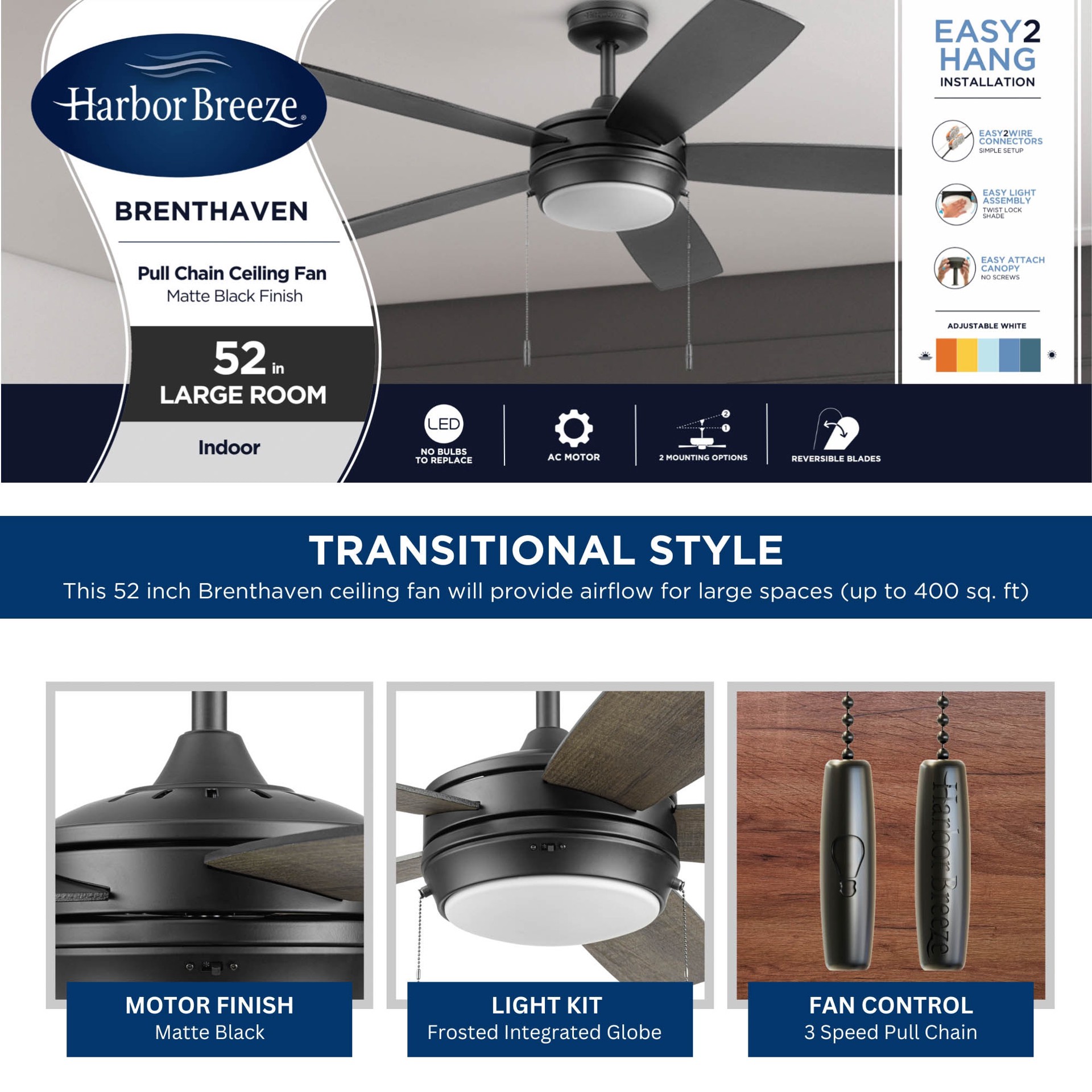 slide 3 of 6, Harbor Breeze Brenthaven Easy2Hang 52-in Matte Black with Matte Black/Mocha Blades Integrated LED Ceiling Fan With Light 5 -Blade, 1 ct