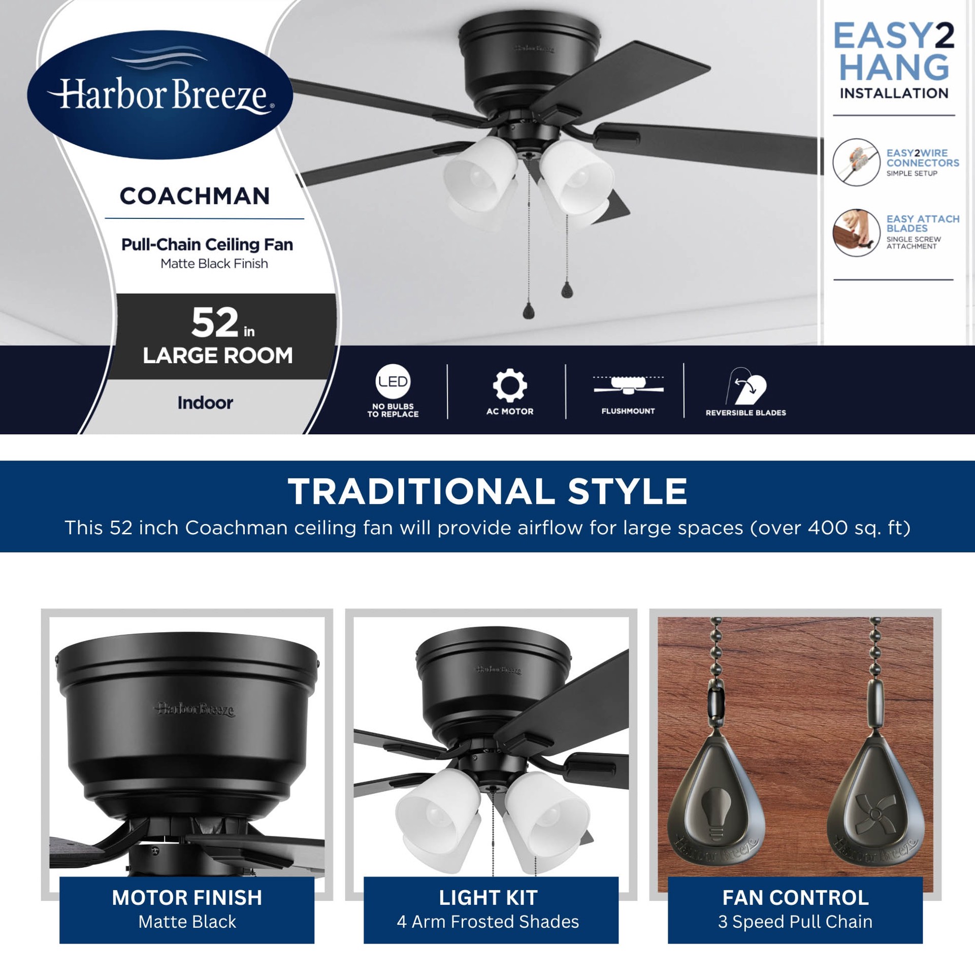 slide 3 of 6, Harbor Breeze Coachman Easy2Hang 52-in Matte Black with Matte Black/Dark Chocolate Blades Flush Mount Ceiling Fan With Light 5 -Blade, 1 ct