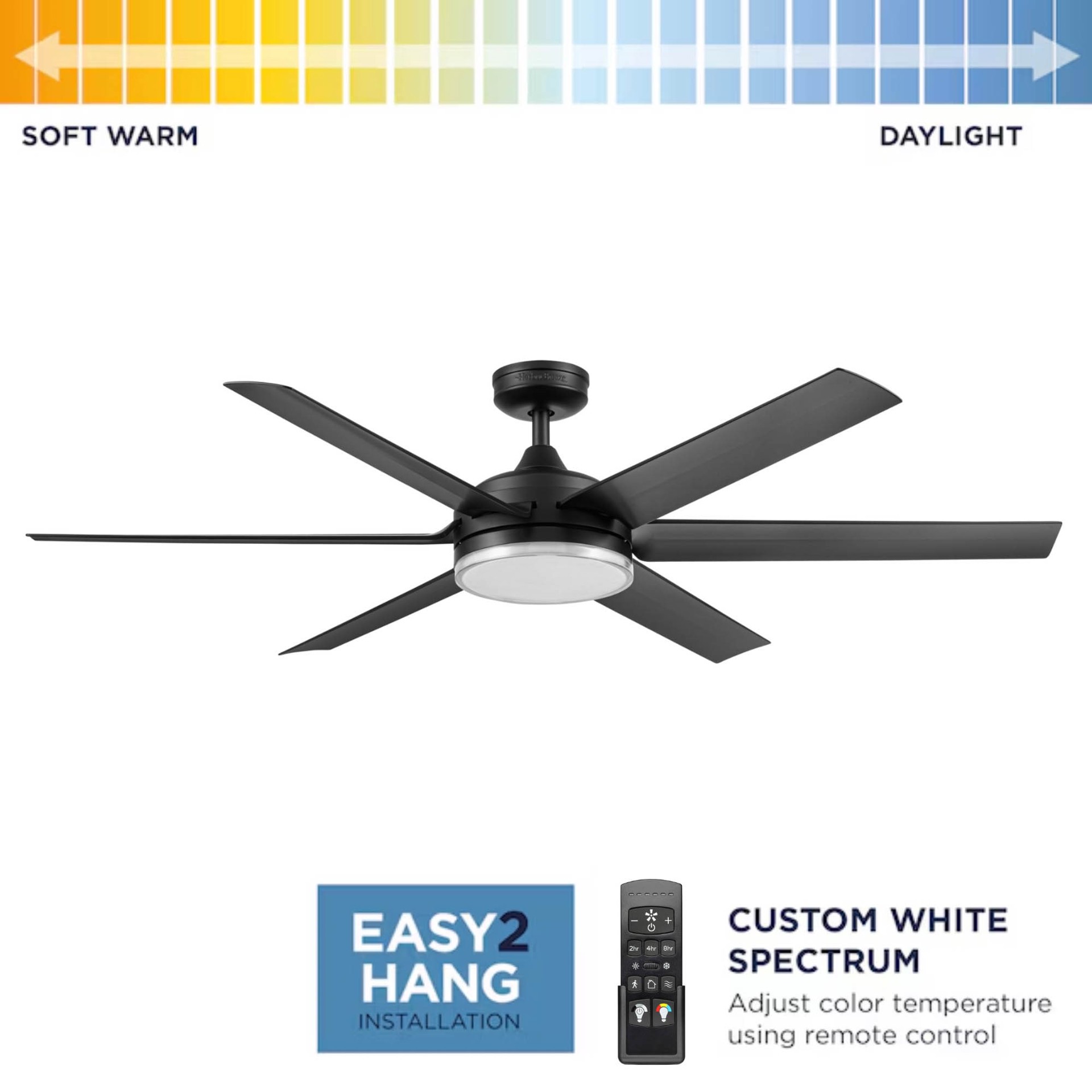 slide 2 of 6, Harbor Breeze Queensdale Easy2Hang 60-in Matte Black with Black Blades Color-Changing Integrated LED Covered Outdoor Ceiling Fan With Light 6 -Blade, 1 ct