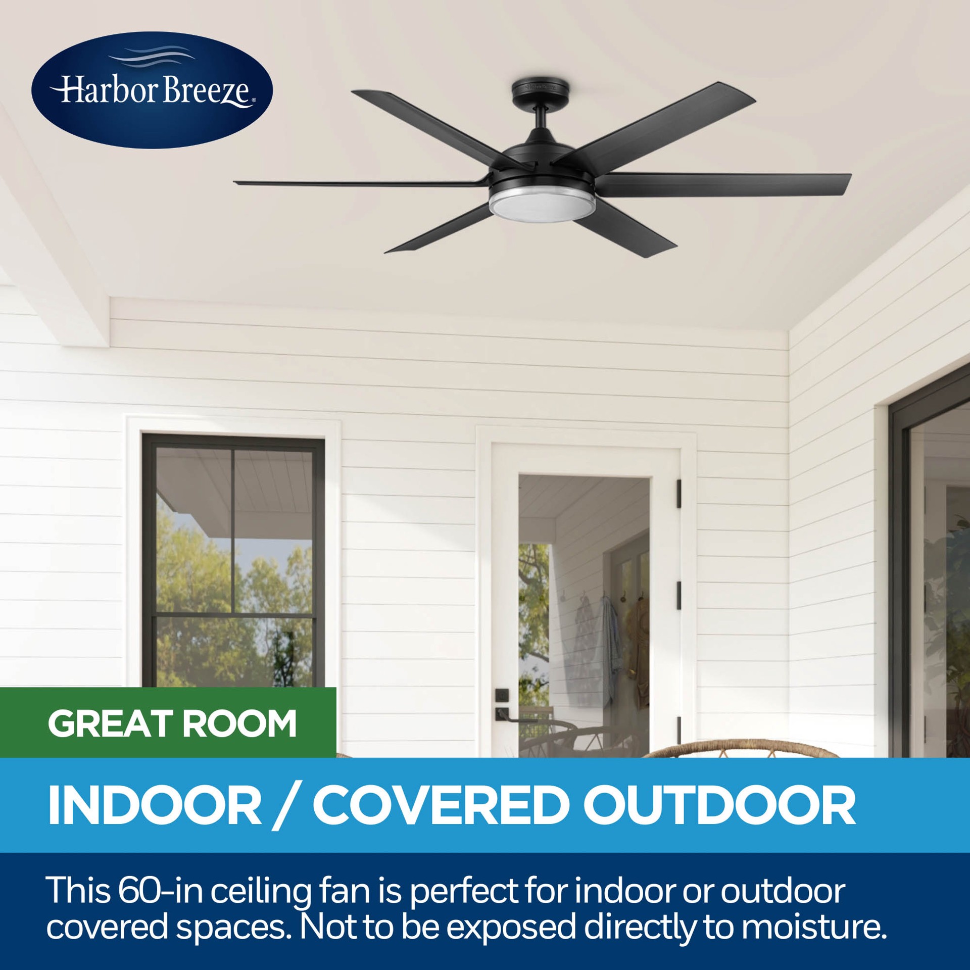 slide 4 of 6, Harbor Breeze Queensdale Easy2Hang 60-in Matte Black with Black Blades Color-Changing Integrated LED Covered Outdoor Ceiling Fan With Light 6 -Blade, 1 ct