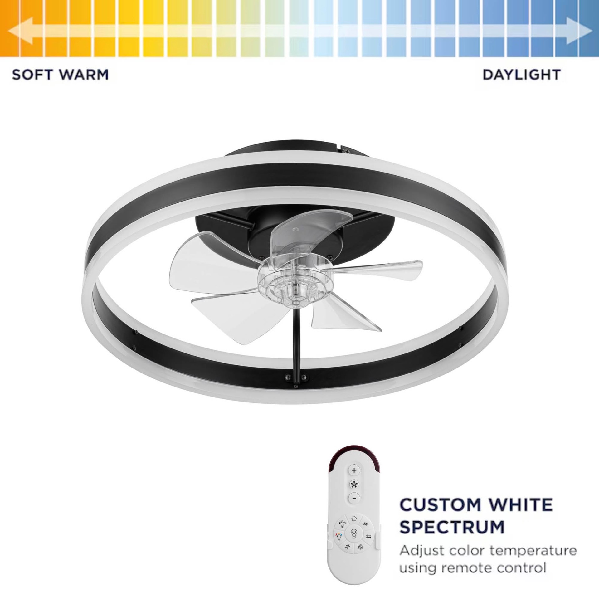slide 3 of 6, Harbor Breeze Edenmore 20-in Matte Black with Clear Blades Color-Changing Integrated LED Flush Mount Fandelier Ceiling Fan With Light 5 -Blade, 1 ct