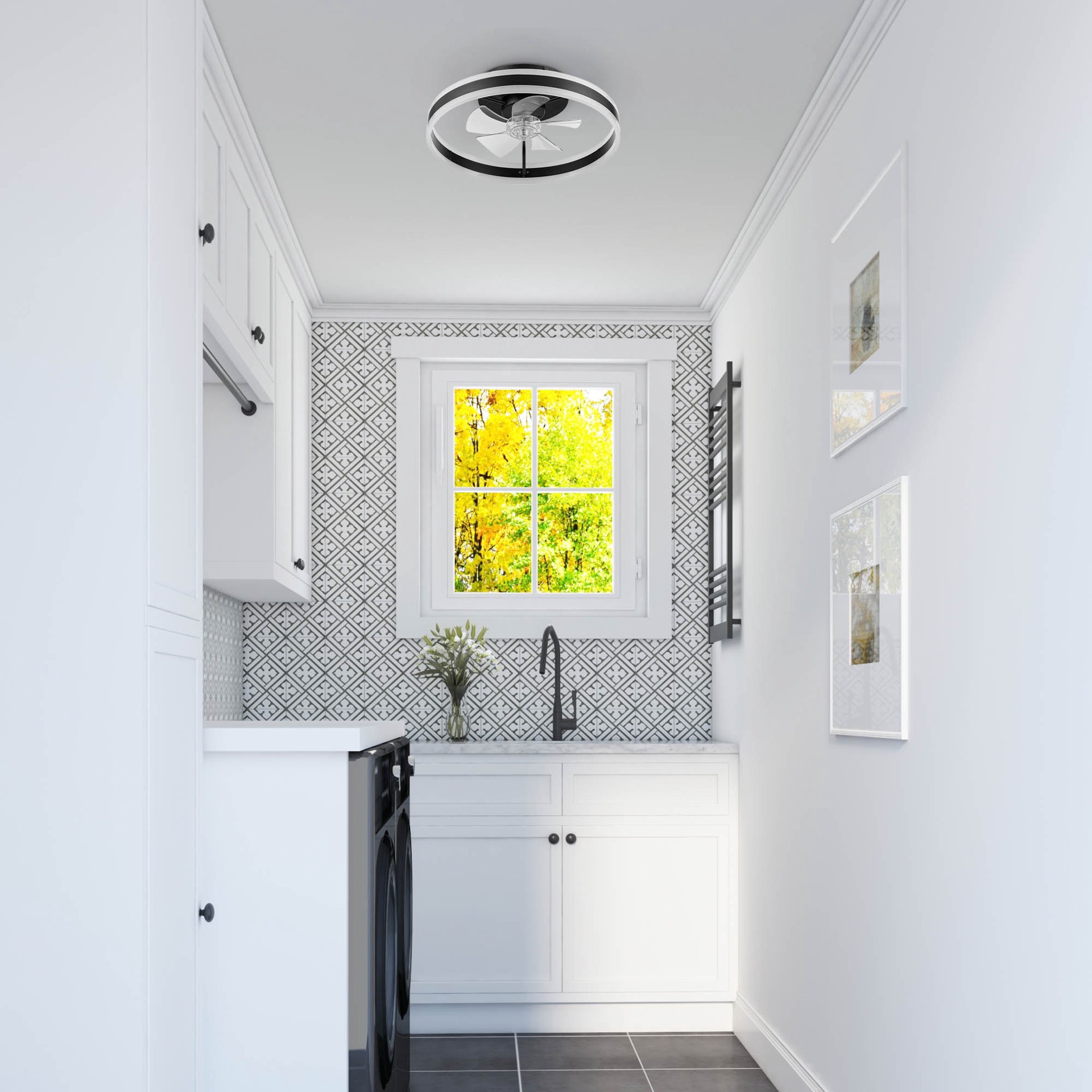 slide 4 of 6, Harbor Breeze Edenmore 20-in Matte Black with Clear Blades Color-Changing Integrated LED Flush Mount Fandelier Ceiling Fan With Light 5 -Blade, 1 ct