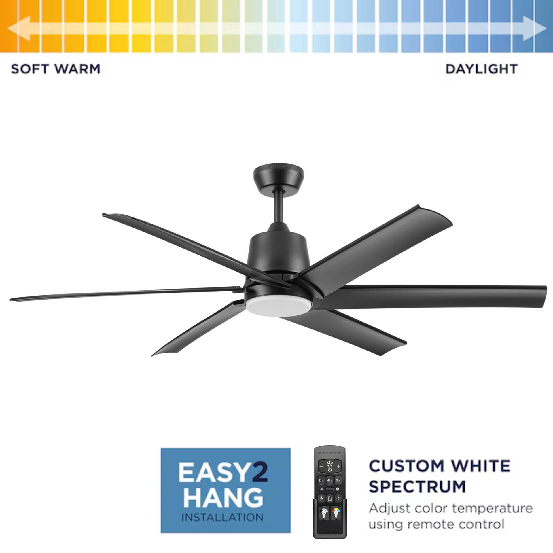 slide 2 of 6, Harbor Breeze Outermark Easy2Hang 60-in Matte Black with Black Blades Color-Changing Integrated LED Uncovered Outdoor Ceiling Fan With Light 6 -Blade, 1 ct