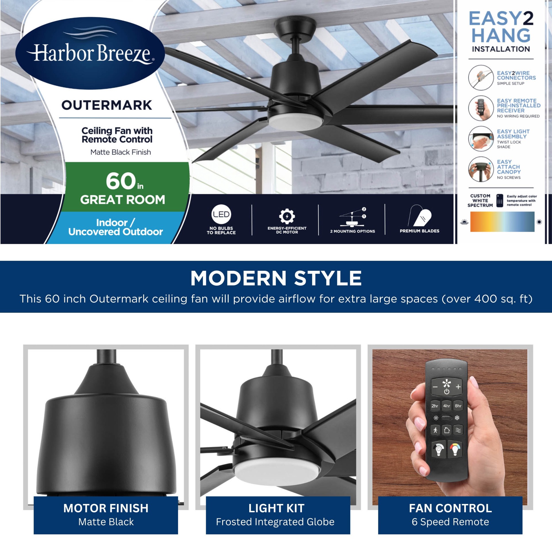 slide 3 of 6, Harbor Breeze Outermark Easy2Hang 60-in Matte Black with Black Blades Color-Changing Integrated LED Uncovered Outdoor Ceiling Fan With Light 6 -Blade, 1 ct