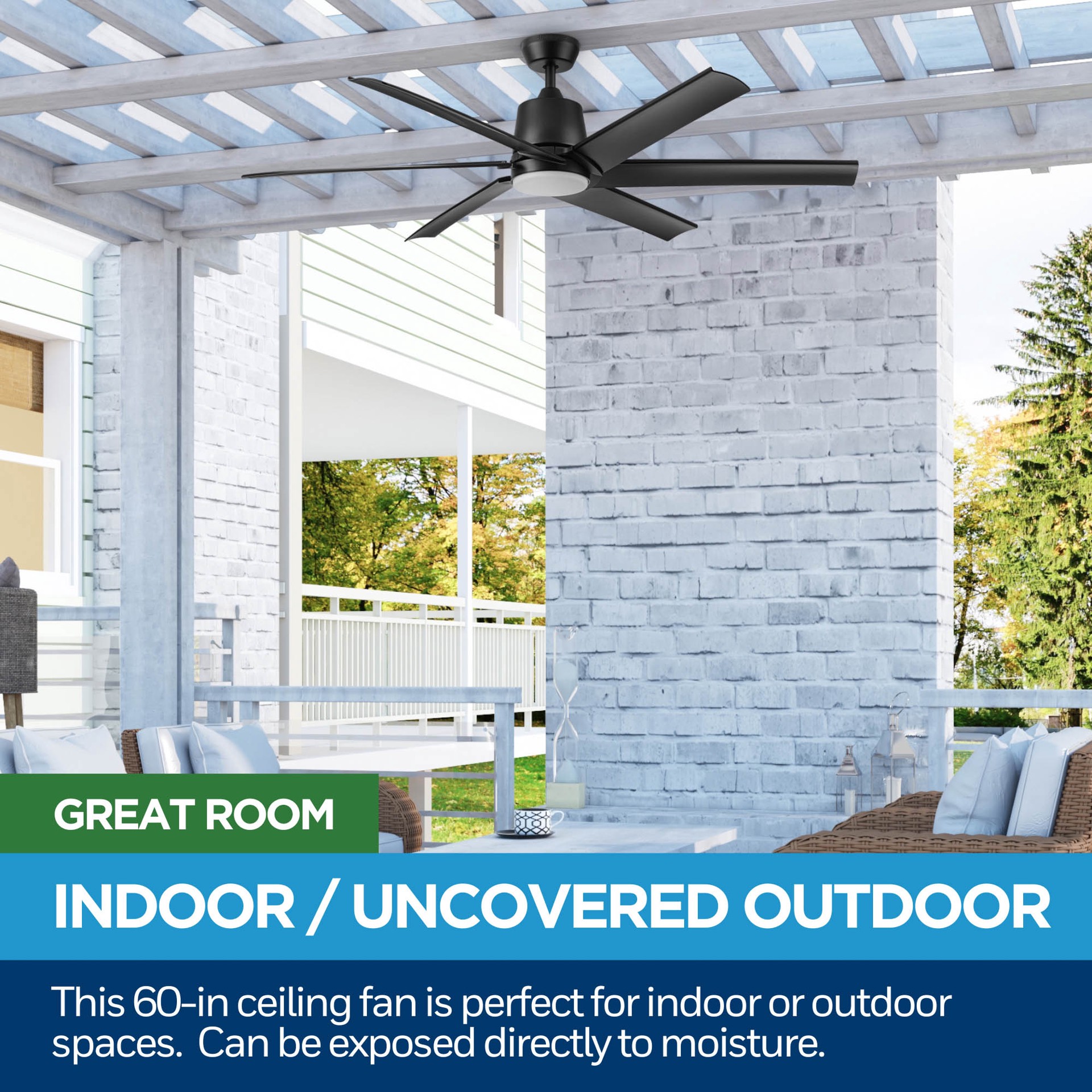 slide 4 of 6, Harbor Breeze Outermark Easy2Hang 60-in Matte Black with Black Blades Color-Changing Integrated LED Uncovered Outdoor Ceiling Fan With Light 6 -Blade, 1 ct