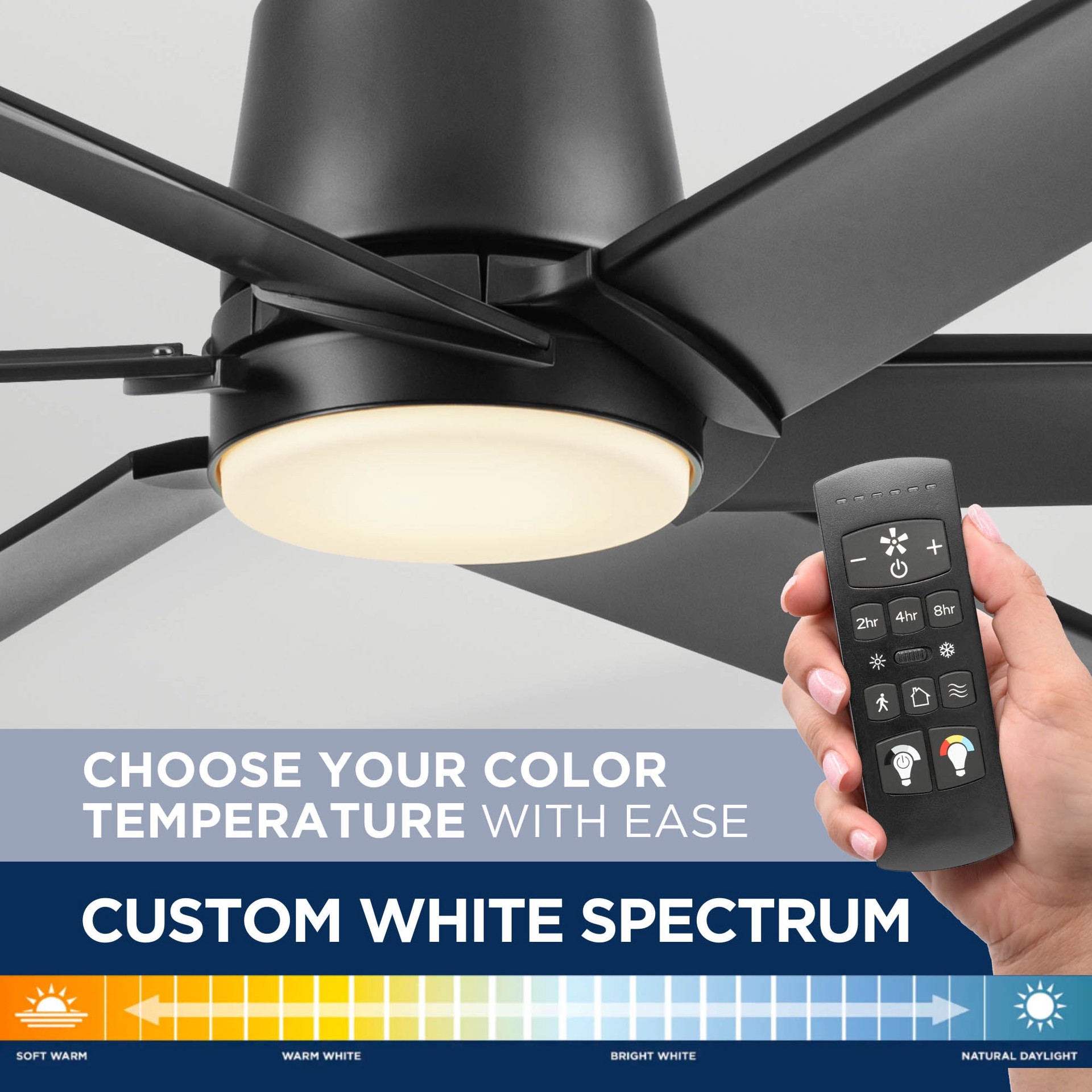 slide 6 of 6, Harbor Breeze Outermark Easy2Hang 60-in Matte Black with Black Blades Color-Changing Integrated LED Uncovered Outdoor Ceiling Fan With Light 6 -Blade, 1 ct