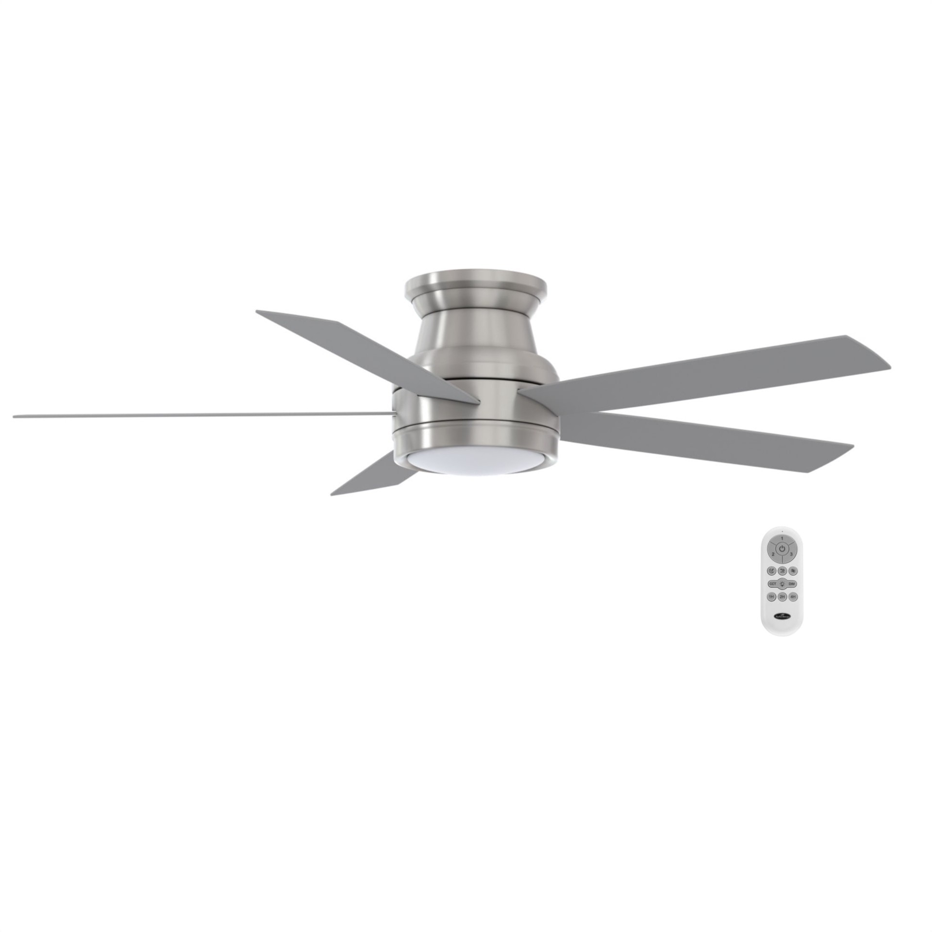 slide 3 of 6, Harbor Breeze Calverton Easy2Hang 52-in Brushed Nickel with Light Brown Woodgrain/Gray Blades Color-Changing Integrated LED Flush Mount Ceiling Fan With Light 5 -Blade, 1 ct