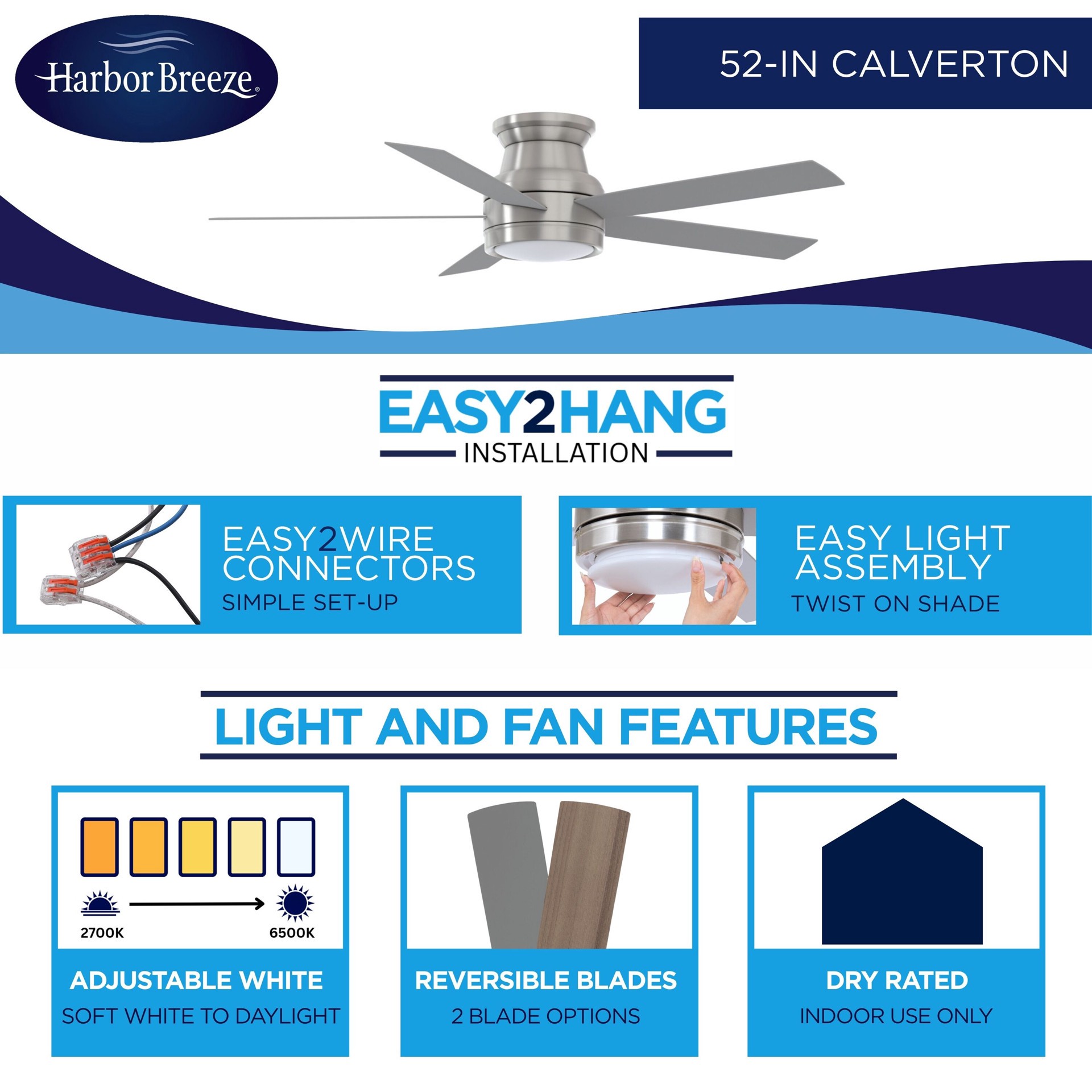 slide 4 of 6, Harbor Breeze Calverton Easy2Hang 52-in Brushed Nickel with Light Brown Woodgrain/Gray Blades Color-Changing Integrated LED Flush Mount Ceiling Fan With Light 5 -Blade, 1 ct