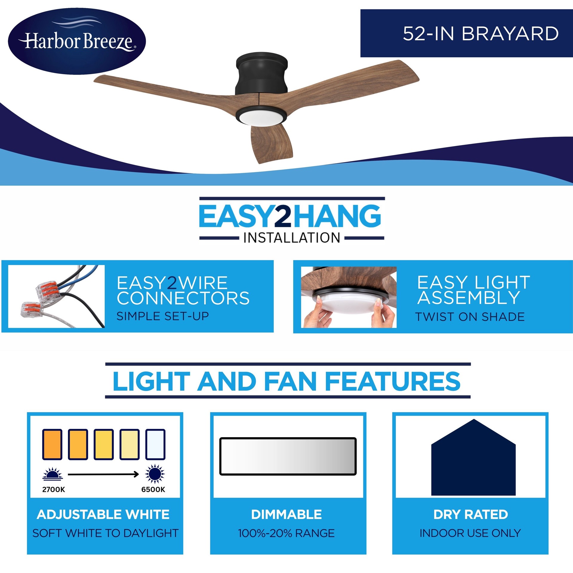 slide 4 of 6, Harbor Breeze Brayard Easy2Hang 52-in Matte Black with Dark Walnut Blades Color-Changing Integrated LED Flush Mount Propeller Ceiling Fan With Light 3 -Blade, 1 ct