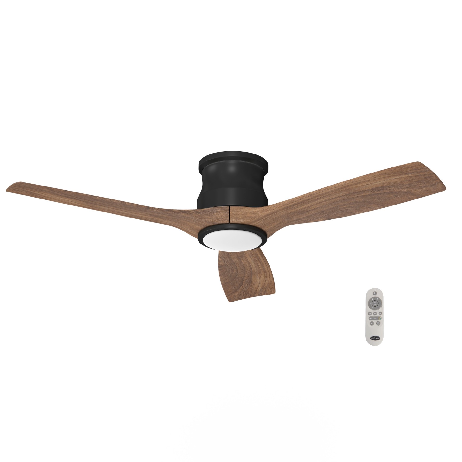 slide 3 of 6, Harbor Breeze Brayard Easy2Hang 52-in Matte Black with Dark Walnut Blades Color-Changing Integrated LED Flush Mount Propeller Ceiling Fan With Light 3 -Blade, 1 ct