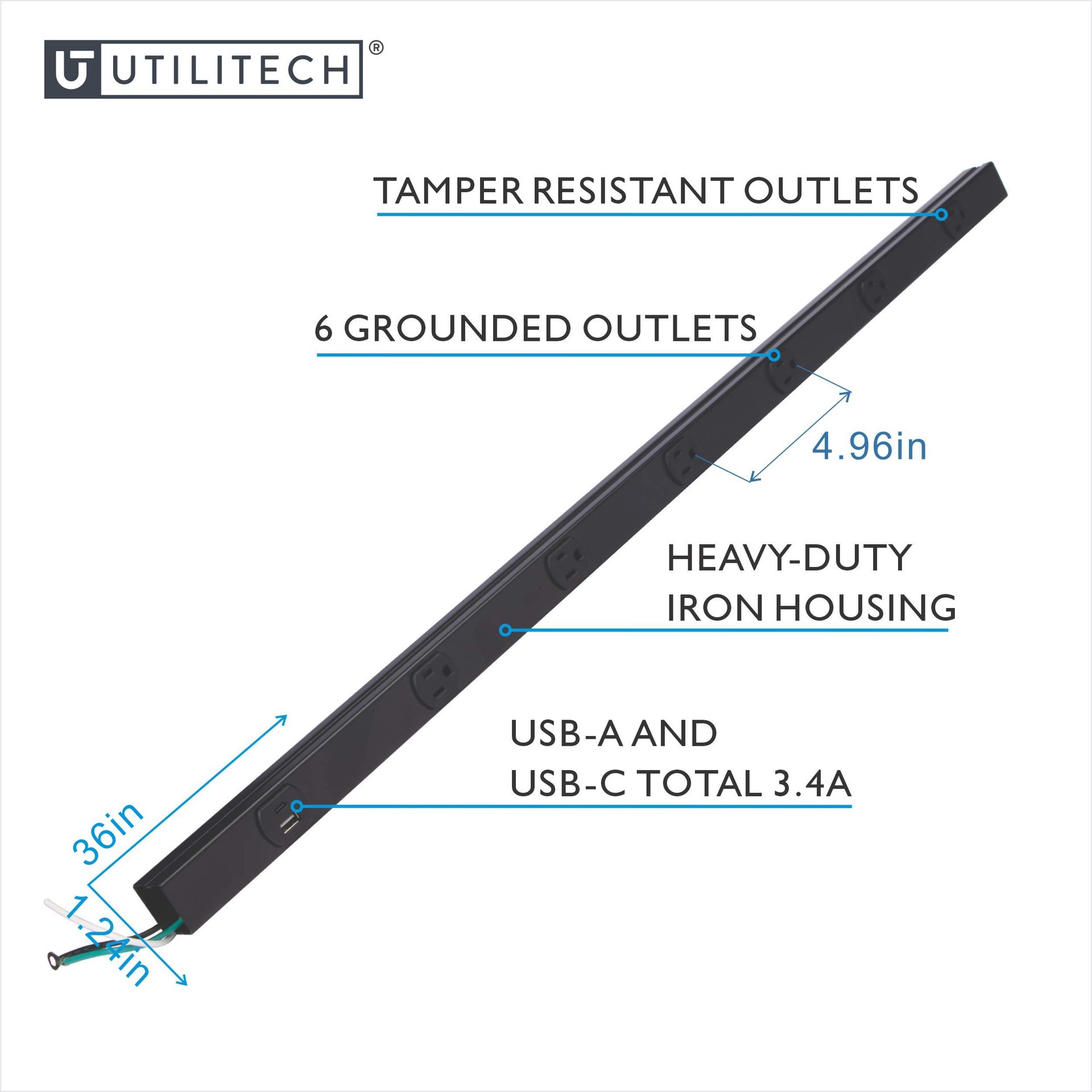 slide 5 of 5, Utilitech 6-Outlet Black Power Strip With USB A/C 36-in L Black Raceway, 1 ct
