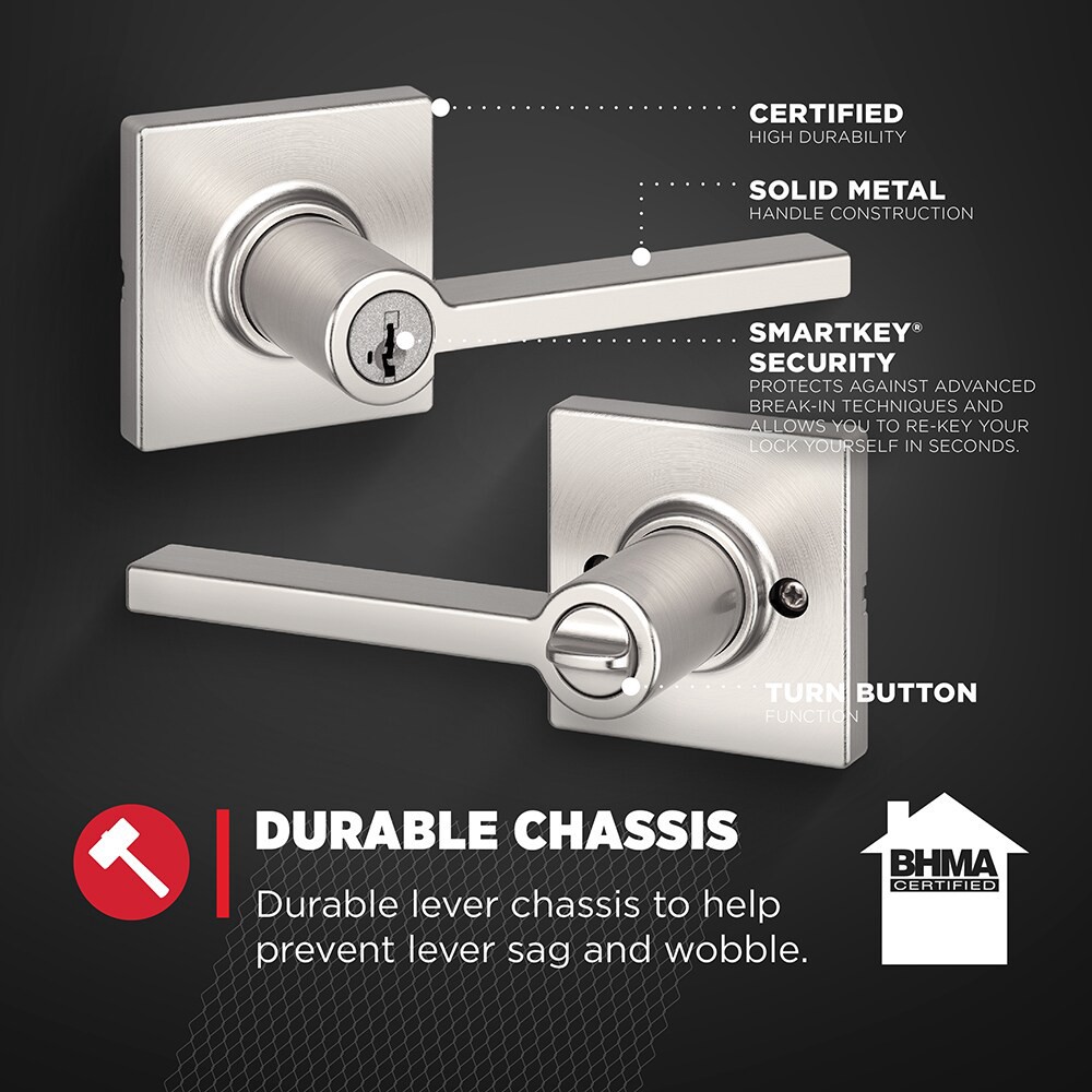 slide 6 of 6, Kwikset Casey Satin Nickel Interior or Keyed Entry Door Handle ft. SmartKey Security, 1 ct