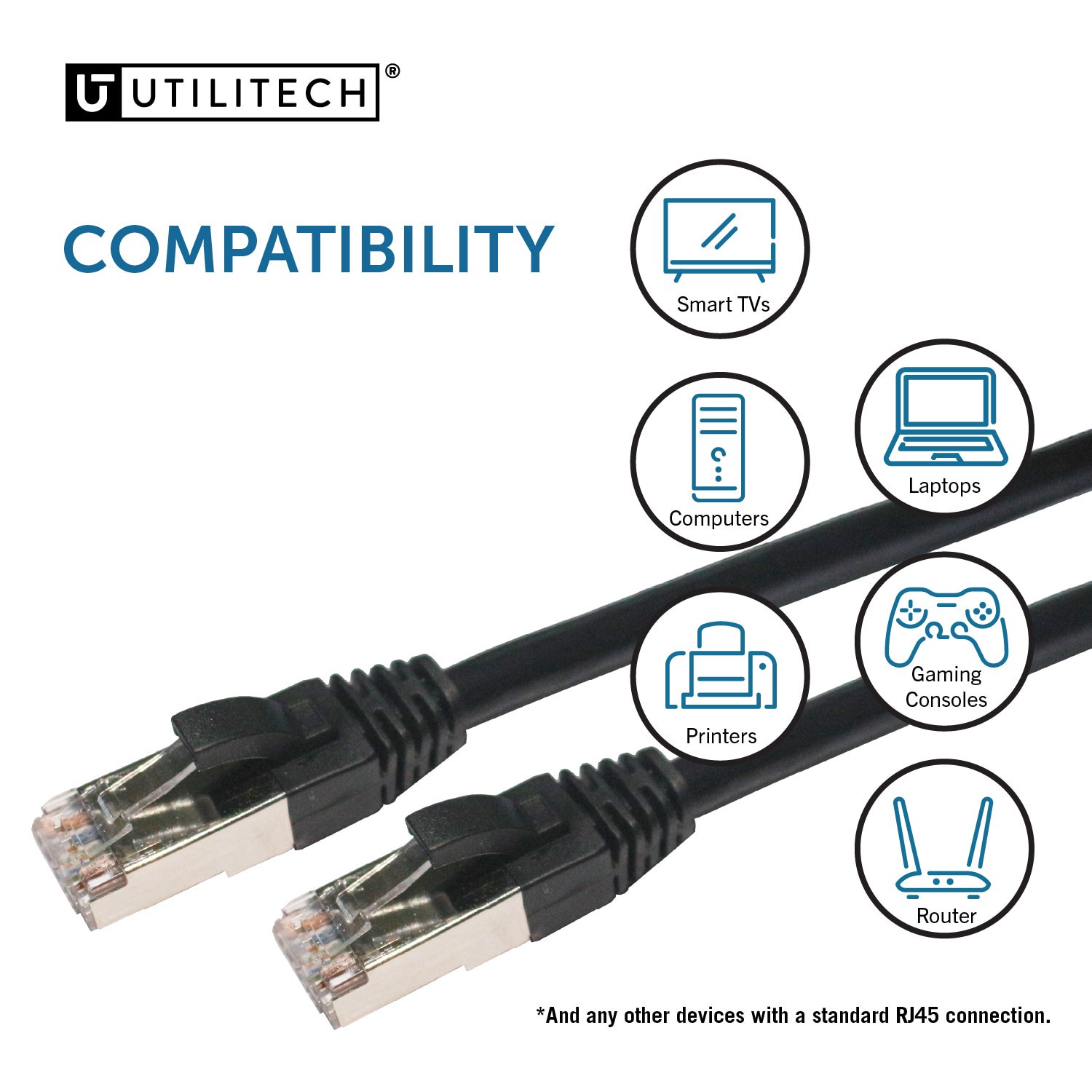 slide 5 of 6, Utilitech 50-ft Cat 6A Black Ethernet Cable, 1 ct