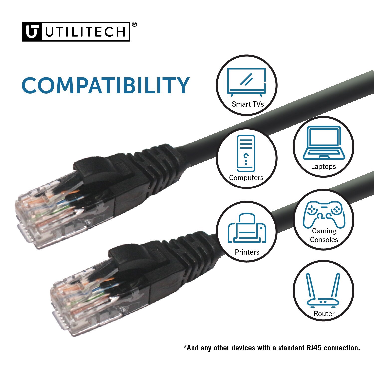 slide 5 of 6, Utilitech 14-ft Cat 6A Black Ethernet Cable, 1 ct