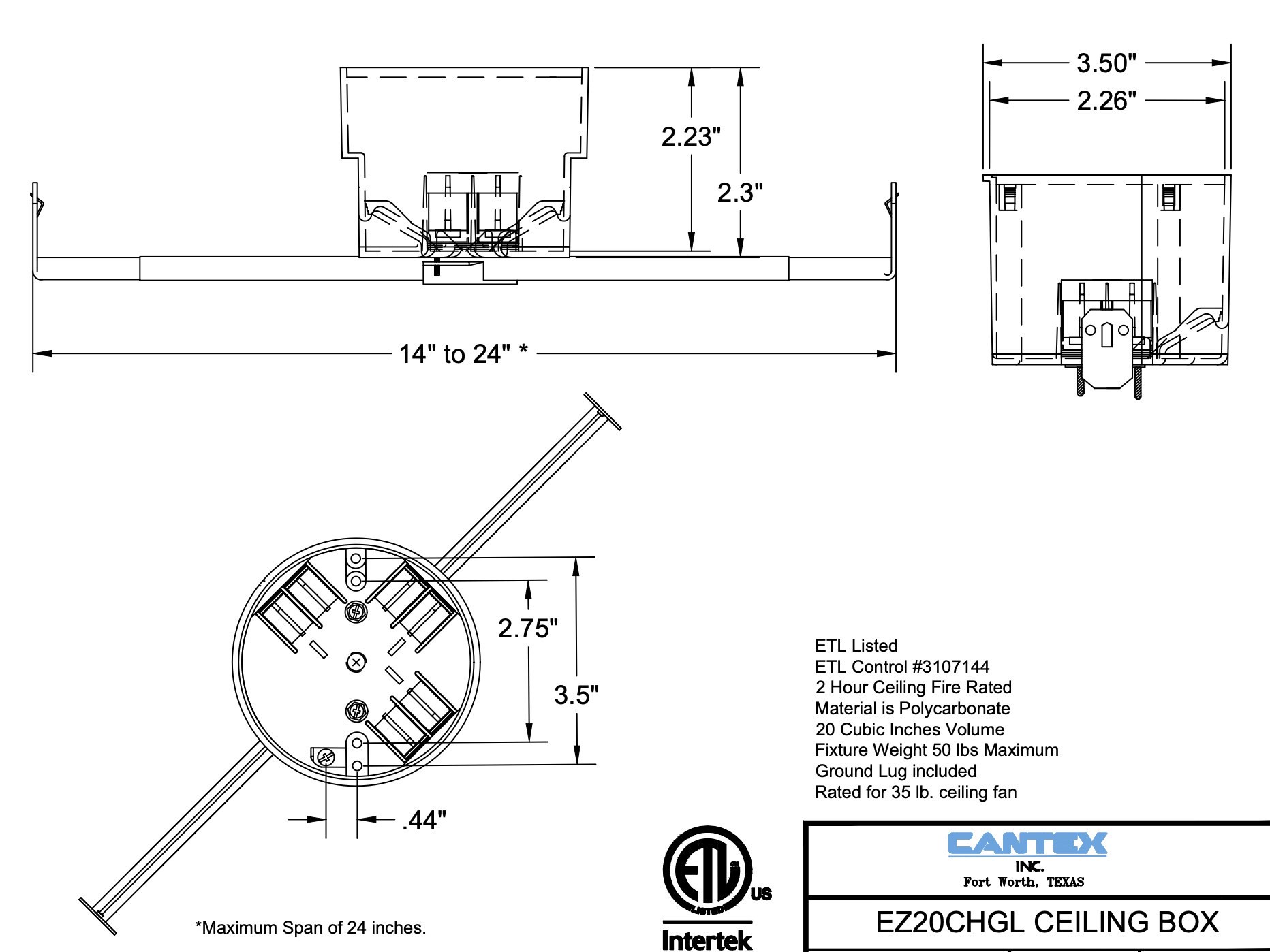slide 3 of 4, CANTEX PVC New work Ceiling fan Electrical Box, 1 ct