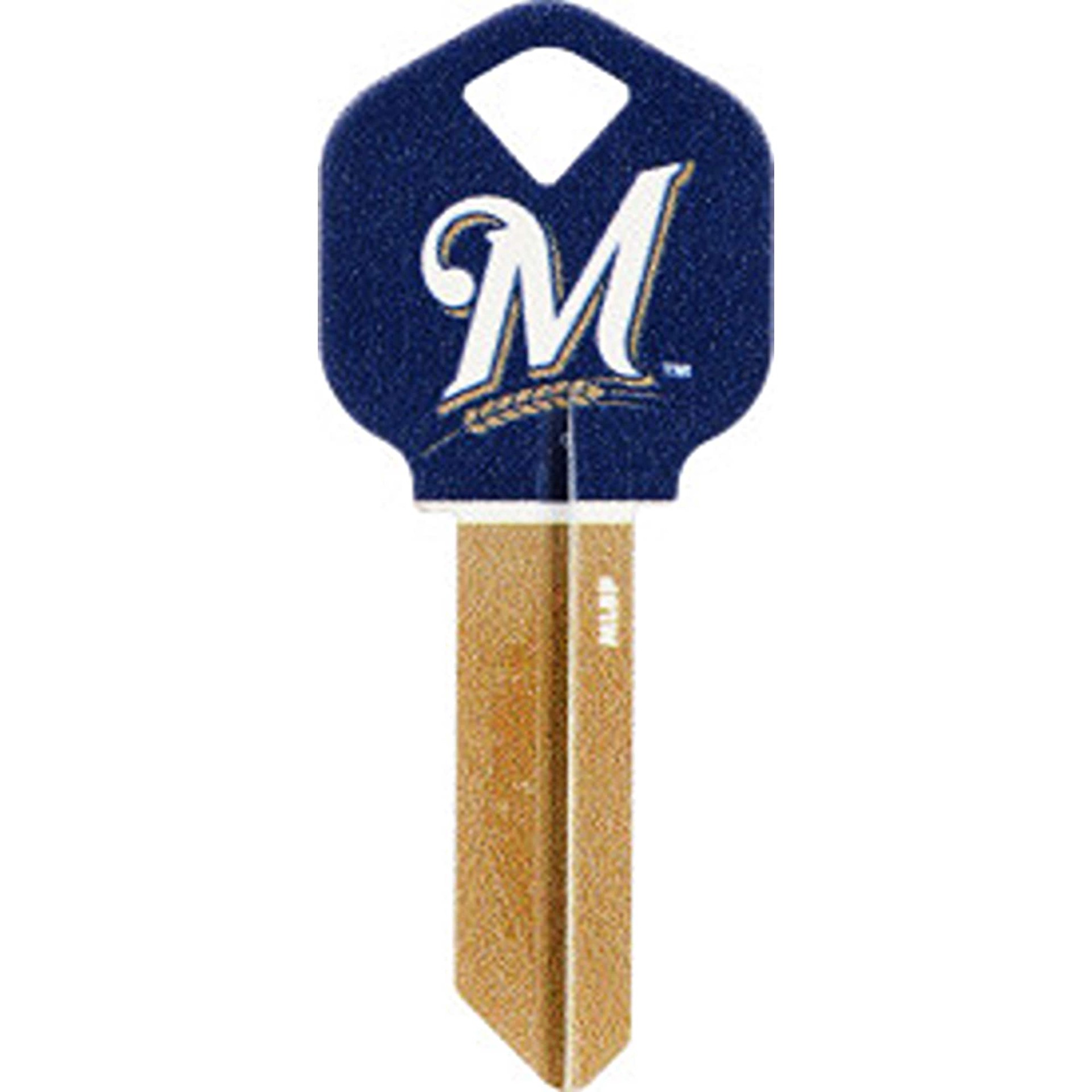 slide 1 of 3, Minute Key Milwaukee Brewers Blue, Gold 66 KW1 Brass House/Entry Key Blank, 1 ct