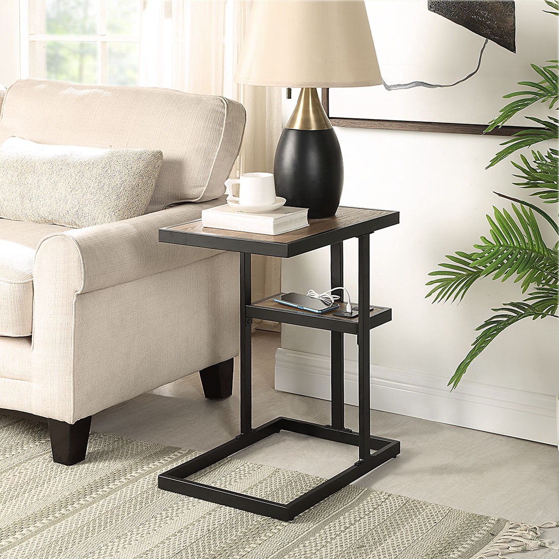 slide 2 of 6, allen + roth 20-in W x 25.98-in H Natural/Black Wood veneer Rectangular Industrial End Table with Storage, 1 ct