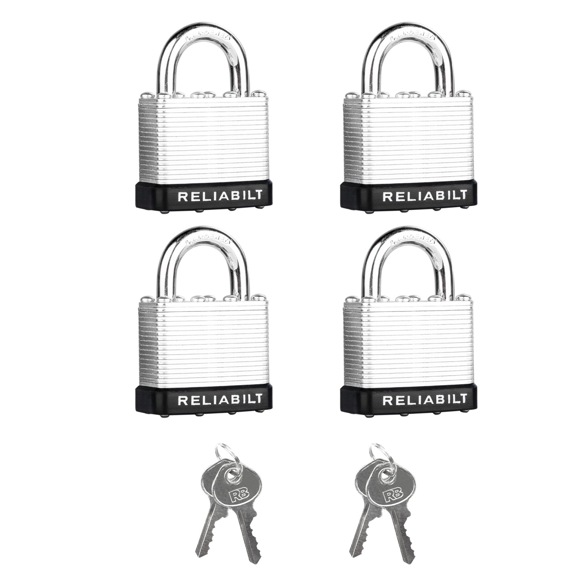 slide 1 of 6, RELIABILT Keyed Padlock, 1-9/16-in Wide x 3/4-in Shackle Keyed Alike (4-Pack), 1 ct