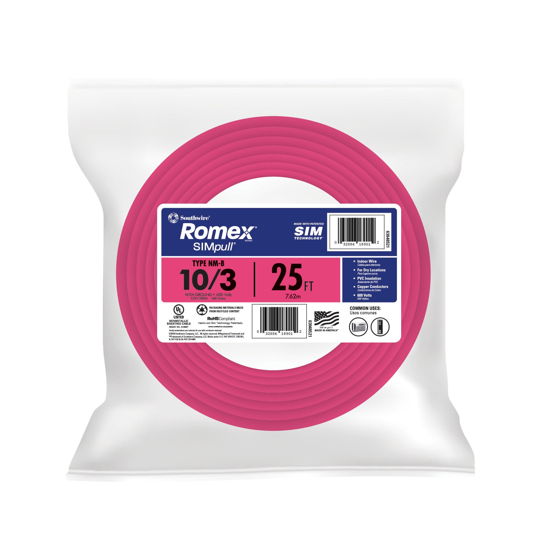 slide 1 of 6, Southwire 25-ft 10 / 3 / Romex SIMpull Solid Indoor CU NM-B W/G Individual pack ( By-the-roll ), 1 ct