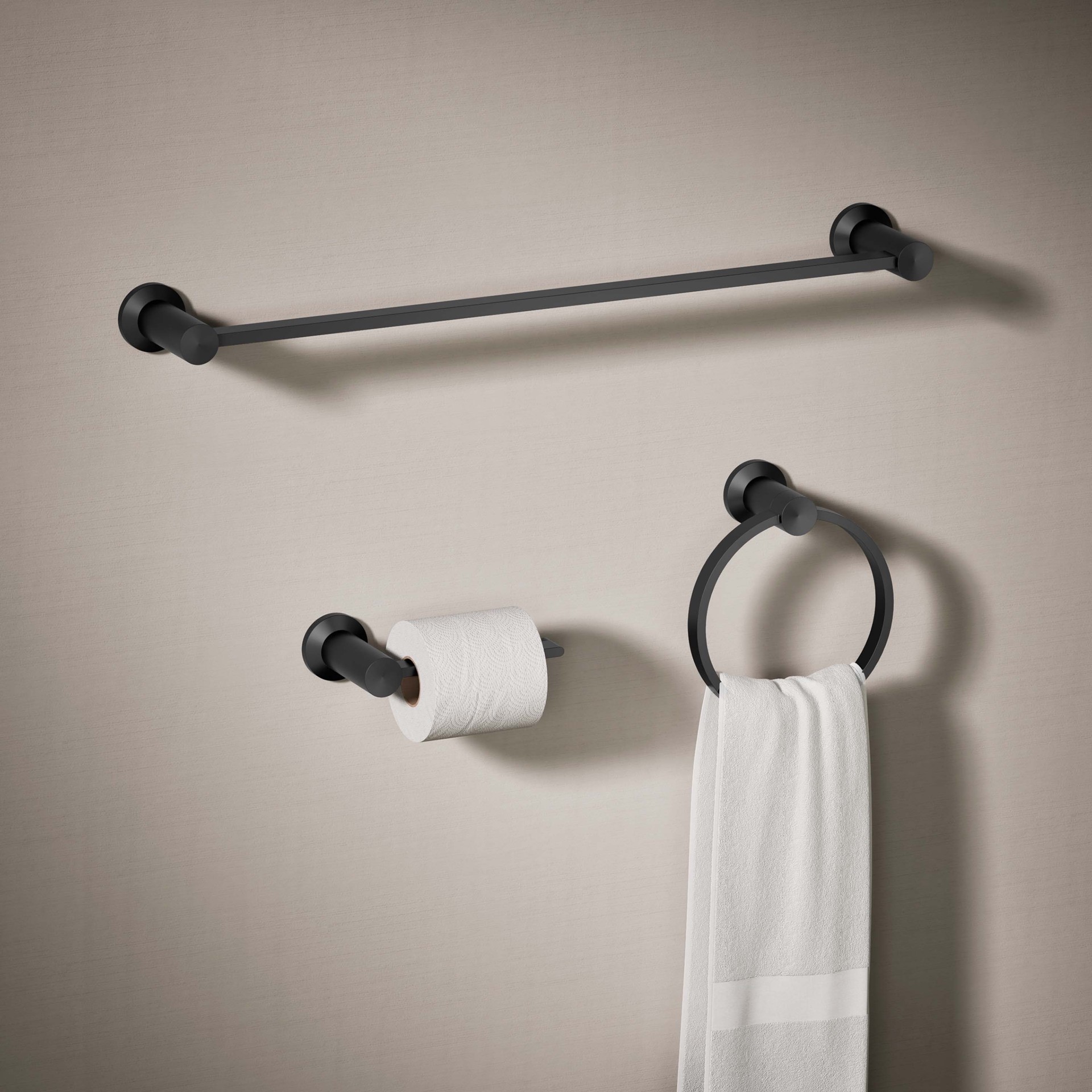 slide 2 of 6, KOHLER 3 -Piece Premise Matte Black Decorative Bathroom Hardware Set Towel Bar, Toilet Paper Holder, Towel Ring Included, 1 ct